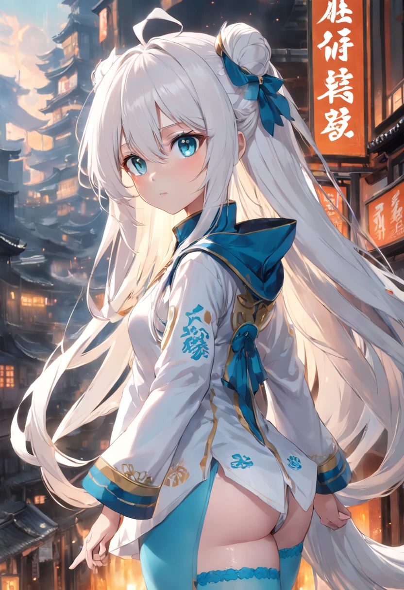 Golden eyes,Long white hair and white stockings,Anime girl in cyan and blue clothes, China-style,Tall and tall