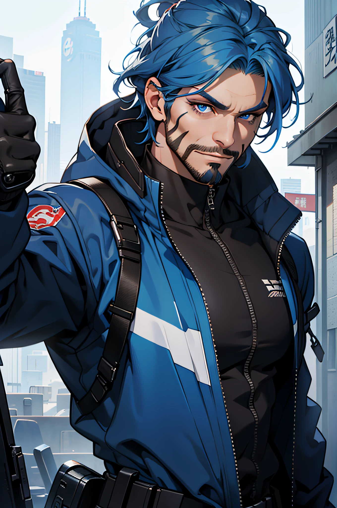 Creative, Photorealism, shiny blue eyes, black techwear, eyelash makeup, Highest quality, masterpiece, 8K, japanese style, male, mature, tall, epic, (masterpiece:1.8, best quality), (solo, upper body), upper body, waist, facial hair, smirking, cyberpunk style, BREAK, ((brown eyes)), ((blue medium hair)), ((mid length blue hair)), ((face focus)), ((oni makeup))