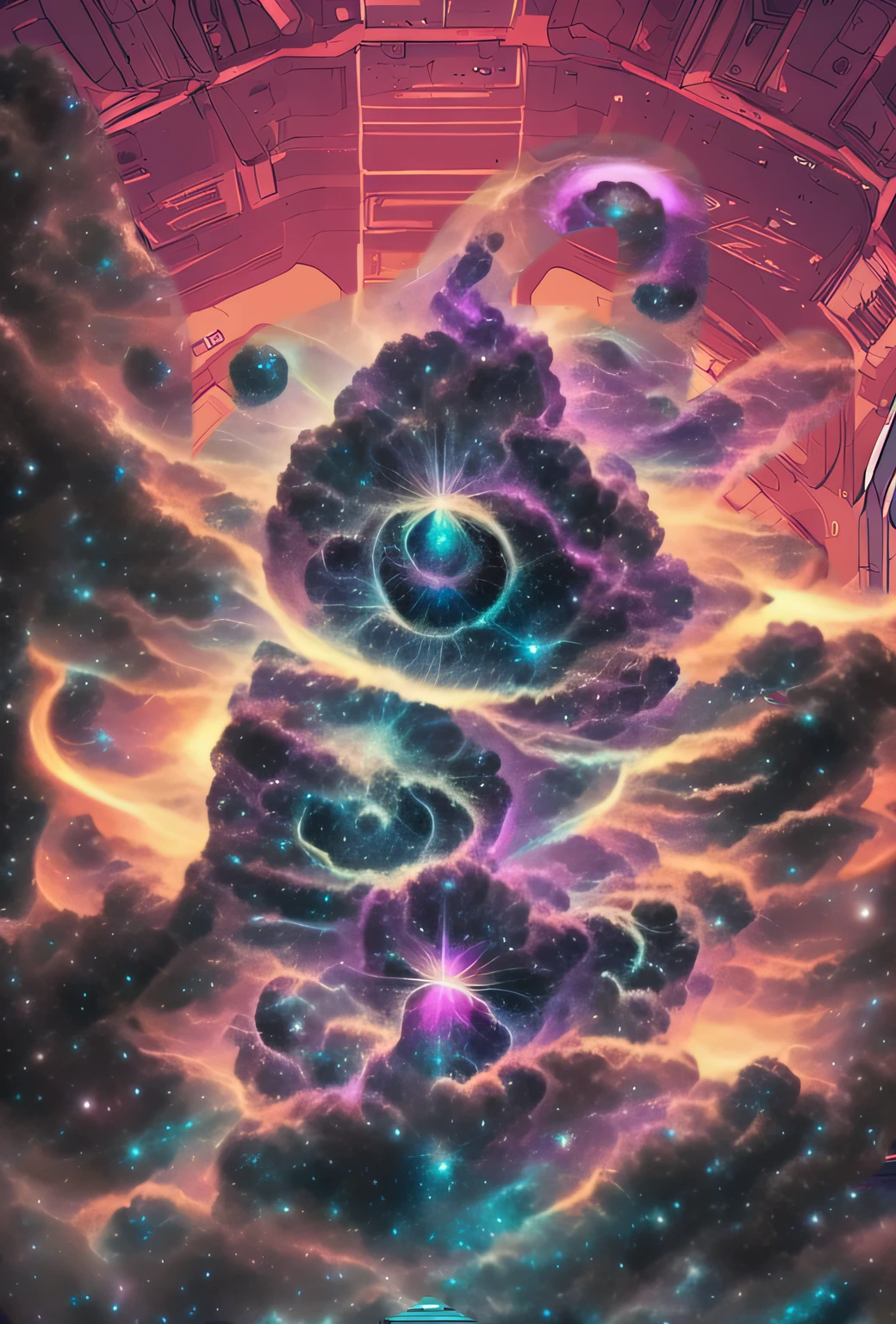 Depict a 64-bit celestial wonder called the 'Lost Nebula,' featuring swirling gasses and star formations in blues, purples, and whites. Add a celestial object at the center that resembles a star-shaped badge.