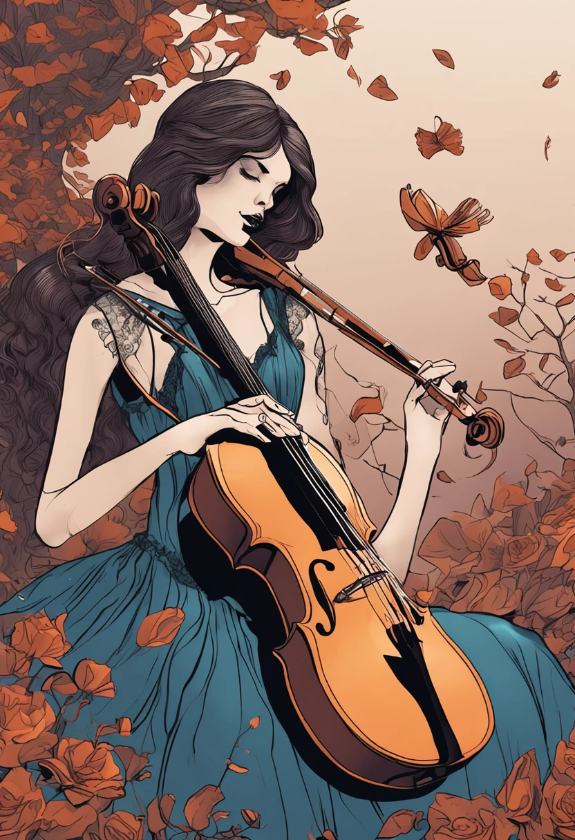 a girl in a black dress holding a cello and a violin, cello, also known as artemis the selene, bassist, double bass, (fantasy violin), , also known as artemis or selene, sona is a slender, morgana, amy sol in the style of, badass composition, equestria, sadness personified, realistic