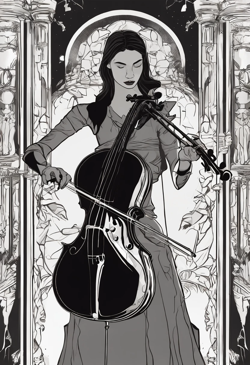 a girl in a black dress holding a cello and a violin, cello, also known as artemis the selene, bassist, double bass, (fantasy violin), , also known as artemis or selene, sona is a slender, morgana, amy sol in the style of, badass composition, equestria, sadness personified, realistic