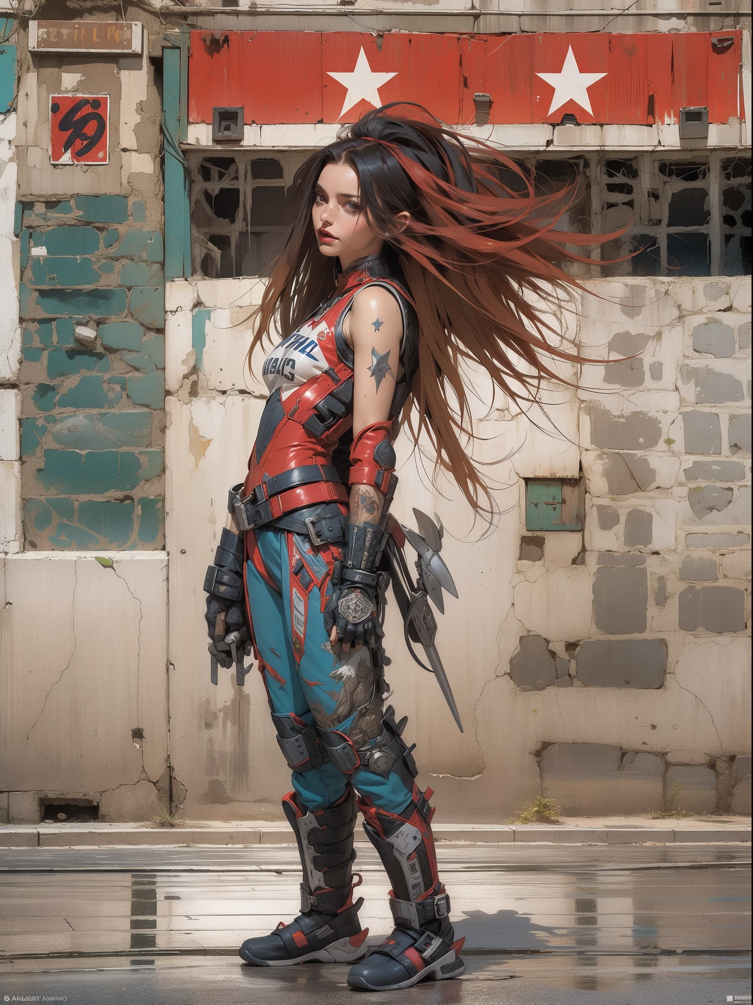 (((mulher))), (((melhor qualidade))), (((obra prima))), (((adulto))), (((1girl))), ((( corte de cabelo bob ))), Uma gladiadora cyberpunk mulher de 25 anos com corpo perfeito, shoulder pads with metal spines, Gladiadores do Brooklyn, (( corte de cabelo bob )), tiny leather panties, camiseta de time de rugby rasgada, quase nua no estilo selvagem urbano de Simon Bisley para a capa da revista Heavy Metal, Cabelo loiro curto, Minimum clothing, Metal protection on the left arm with intricate graphics, Dark red with white stars and white and navy blue checkerboard pattern, armadura, cheio de pontas e rebites, (((do joelho pra cima))), cabelos loiro branco curto, no fundo uma parede pintada por Shepard Fairey com um design intrincado