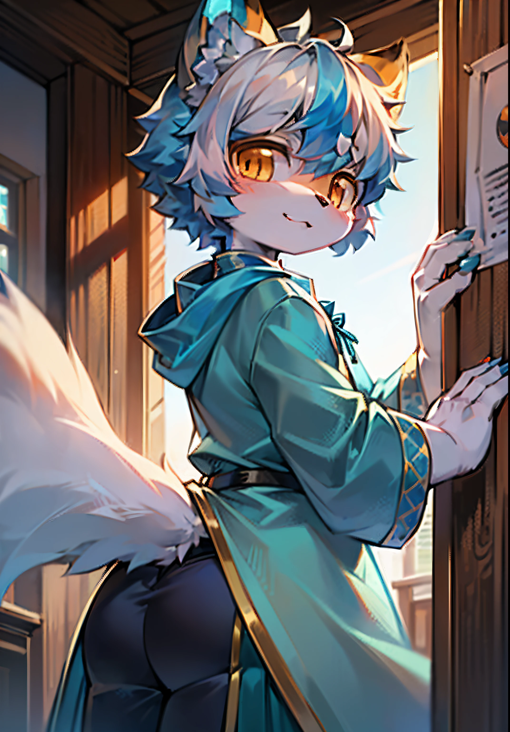 eyes with brightness,Bust photo of the character,Q version,头像框, Character focus,独奏, shaggy, Furry male fox, Male blue fur, orange eyes, White-blue hair(The long) style,Little cute, Will sell moe,Wear only a dark blue tunic,There is a big tail