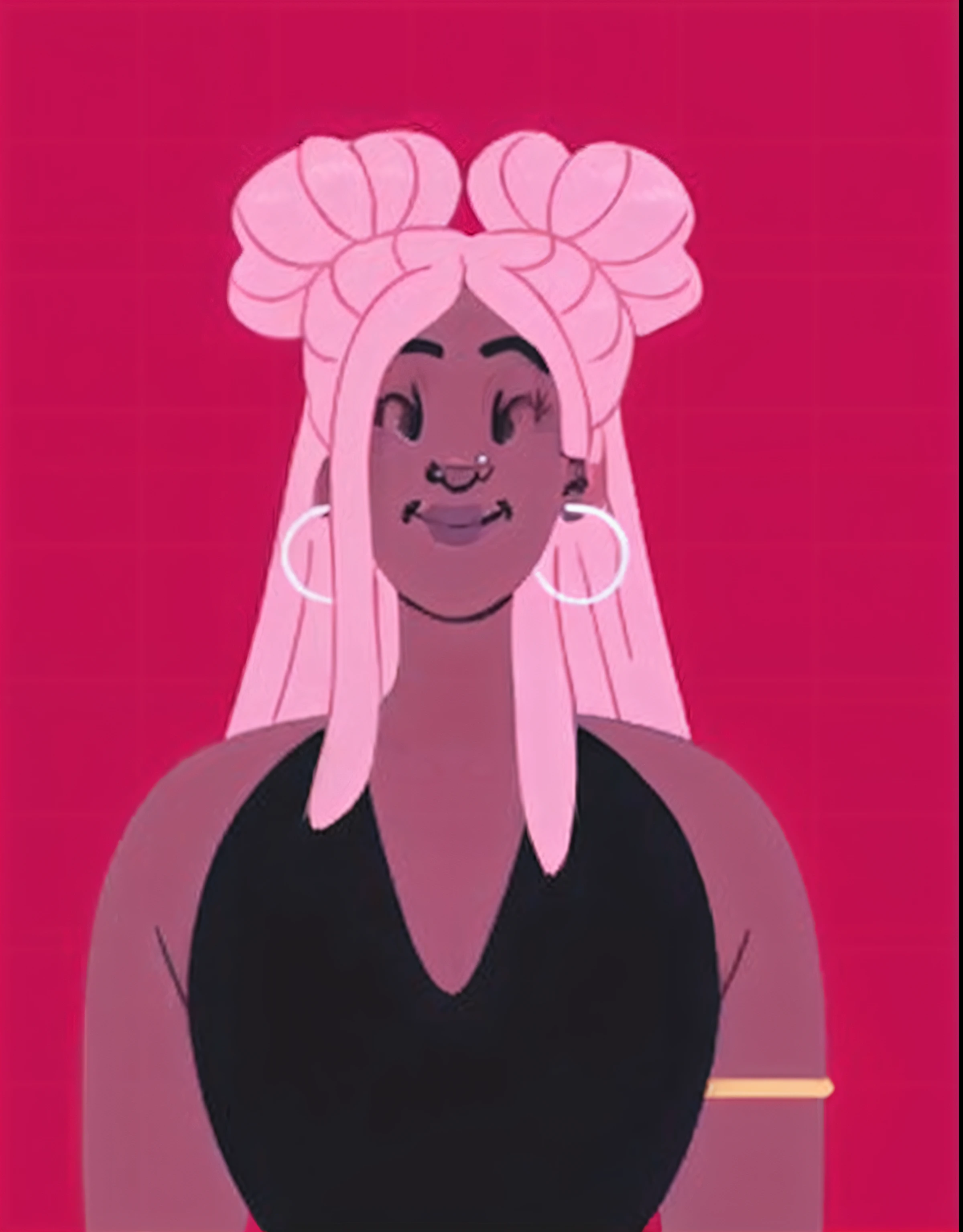 A woman with pink hair and a black top is sitting in front of a green background, pink iconic character, Fotografia de Kurzgesagt, avatar para o site, imagem do avatar, menina cor-de-rosa, com cabelo rosa, Estilo Steven Universe, cabelo rosa, Retrato de Ororo Munroe, cabelo rosa encaracolado, Garnet, Steven Universe, digital illustation, imagem de perfil
