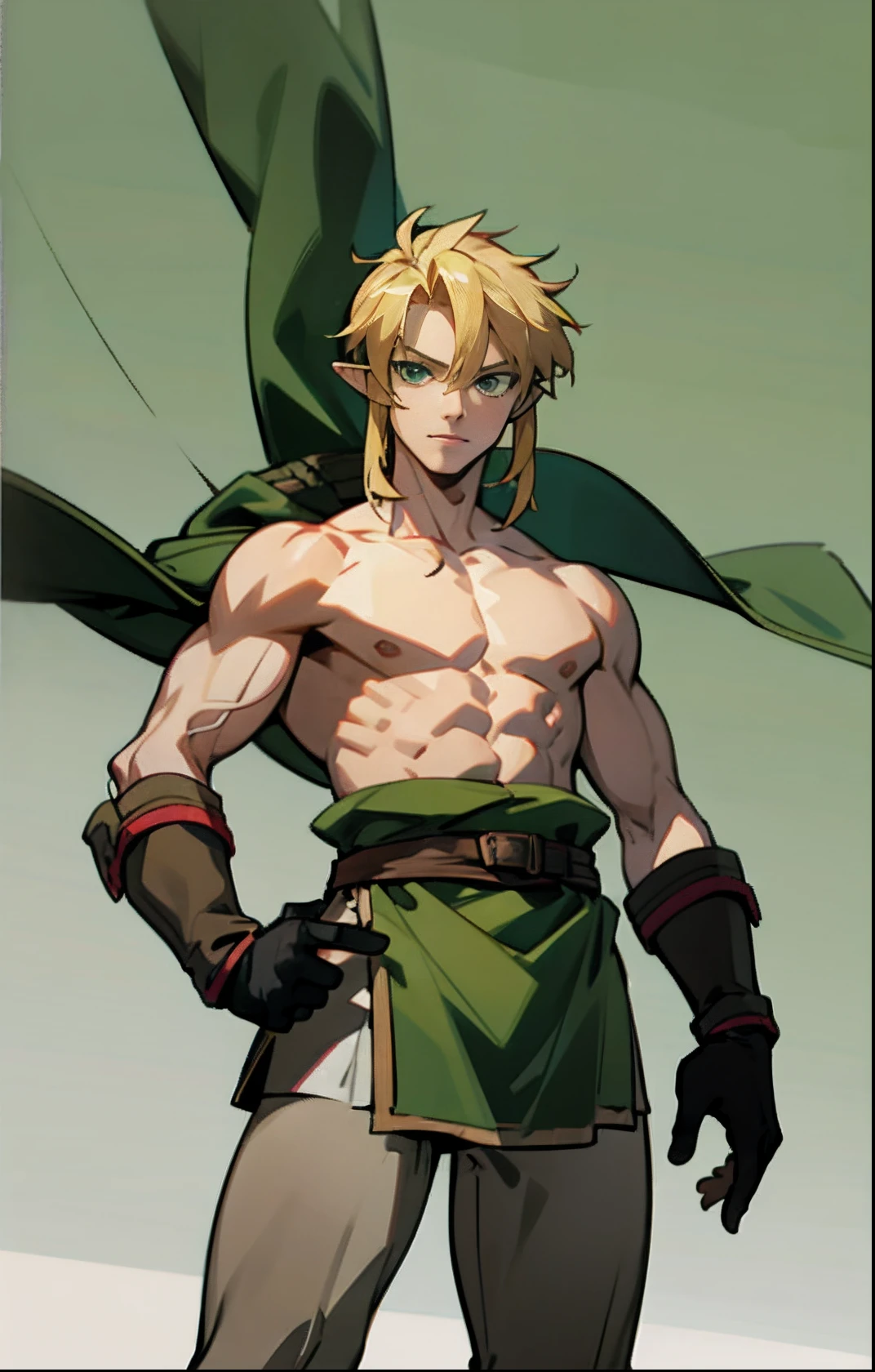 blond, tall, green-eyed guy, viking style, russian hero style, strong,  anime style, anime  , link, gloves, standing, muscular, topless , (muscular:0.4)(from above:0.4), plain background,sport, (plain simple background)