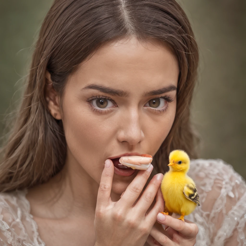 Woman with open mouth and hands on face, shocked expression on her face, olhos arregalados expressando surpresa. She's holding a yellow chick with one hand. Her expression is one of shock and surprise as she holds the chick. Ela parece estar maravilhada e encantada com a cena