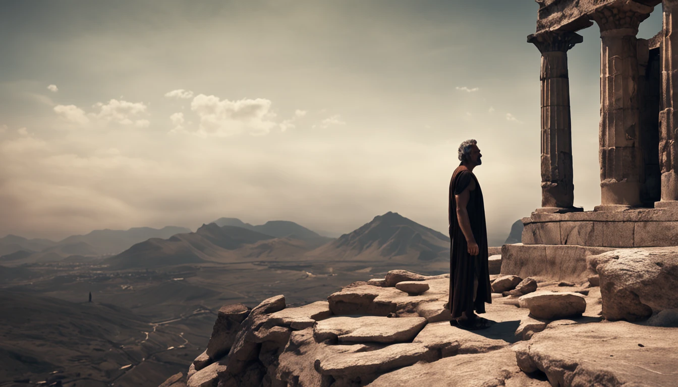 A profile portrait of a stoic and muscular ancient Greek man. He's looking away thoughtfully with a serene expression. He is wearing a short tunic that leaves his defined musculature on display. He is standing on a rocky hill watching the landscape in the background. In the distance one can see the silhouette of an ancient Greek city in dark and smoky tones, as if covered by the mist of time. There are ancient columns and architectural structures in the distance. The man seems serene and wise, as a Stoic philosopher contemplating the passage of time and the cyclical nature of life in the citadel.