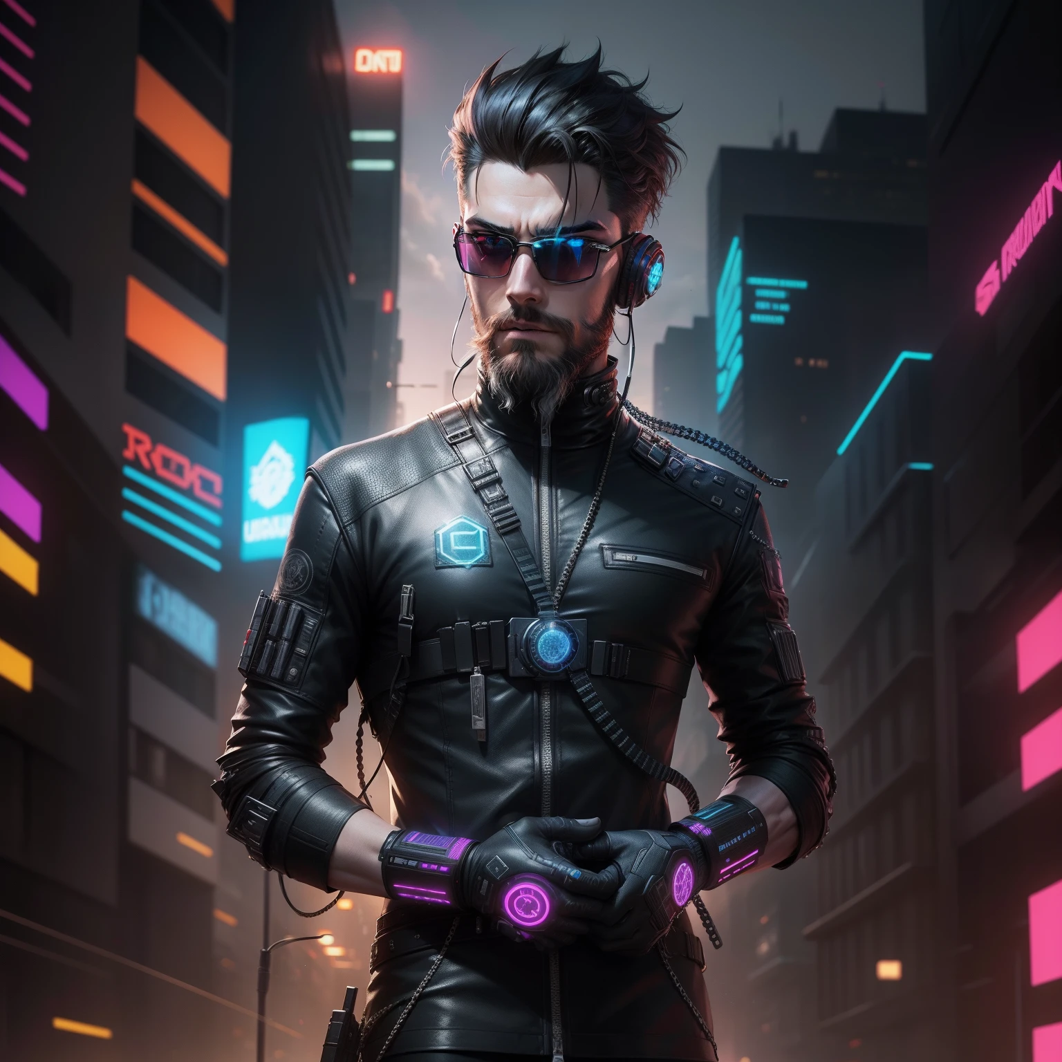 Change background cyberpunk handsome boy, realistic face, 8k ultra realistic, sunglass, lite stress beard.