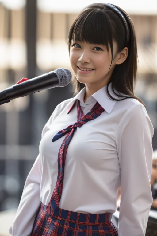 Super Detailed Face,Best Quality,hyperdetails,Detailed eyes,Realistic,Super live-action,Hyper realistic,4K,Live action,photography,One girl is cute,happy smile,School uniform,Front view,Cinematic,Sunlight,Upper body,female idle,at the concert venue