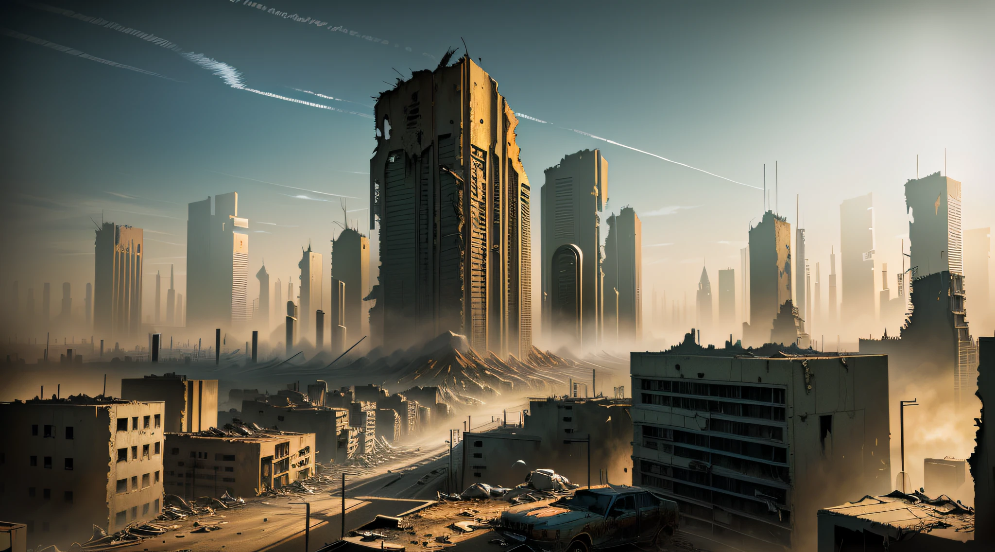 The shot opens with a wide, aerial view of a city that's in ruins, covered in a layer of ash and debris. The once-bustling metropolis is now eerily quiet, with broken buildings and collapsed structures. dystopian world, cinematic beeple, bipe. octan render, beep rendering, estilo cyberpunk hiper-realista, dystopian scifi apocalypse, 3d render bipe, digital concept art of dystopian, arstation e bipe altamente, beeple global illumination