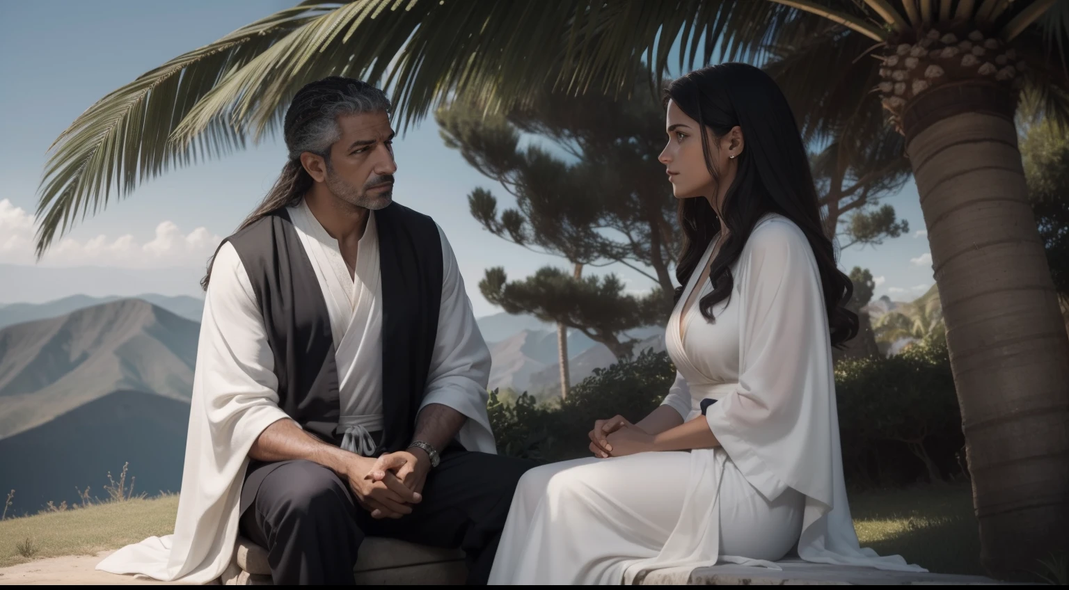 Generate an image that depicts the moving scene in which Deborah and Barak meet under the shade of the palm tree, as described in Judges 4:6-9. A cena deve ser ambientada em uma clareira tranquila, surrounded by trees and vegetation. deborah, wearing a robe characteristic of the time, sits on a rock next to the palm tree, irradiando sabedoria e serenidade. His gaze is fixed on Barak, that is before her. Baraque, vestido como um guerreiro, displays a mixture expression between determination and insecurity, as she listens to Deborah's words attentively. A luz dourada do sol atravessa as folhas da palmeira, casting soft shadows over the scene. The details of Deborah and Barak's facial expressions and gestures should convey the intensity of the conversation, in which she shares the divine message and he ponders the responsibility entrusted to him. The background should gently present the hills and mountains of the region, evoking the sense of isolation and spiritual significance of this pivotal moment in history.