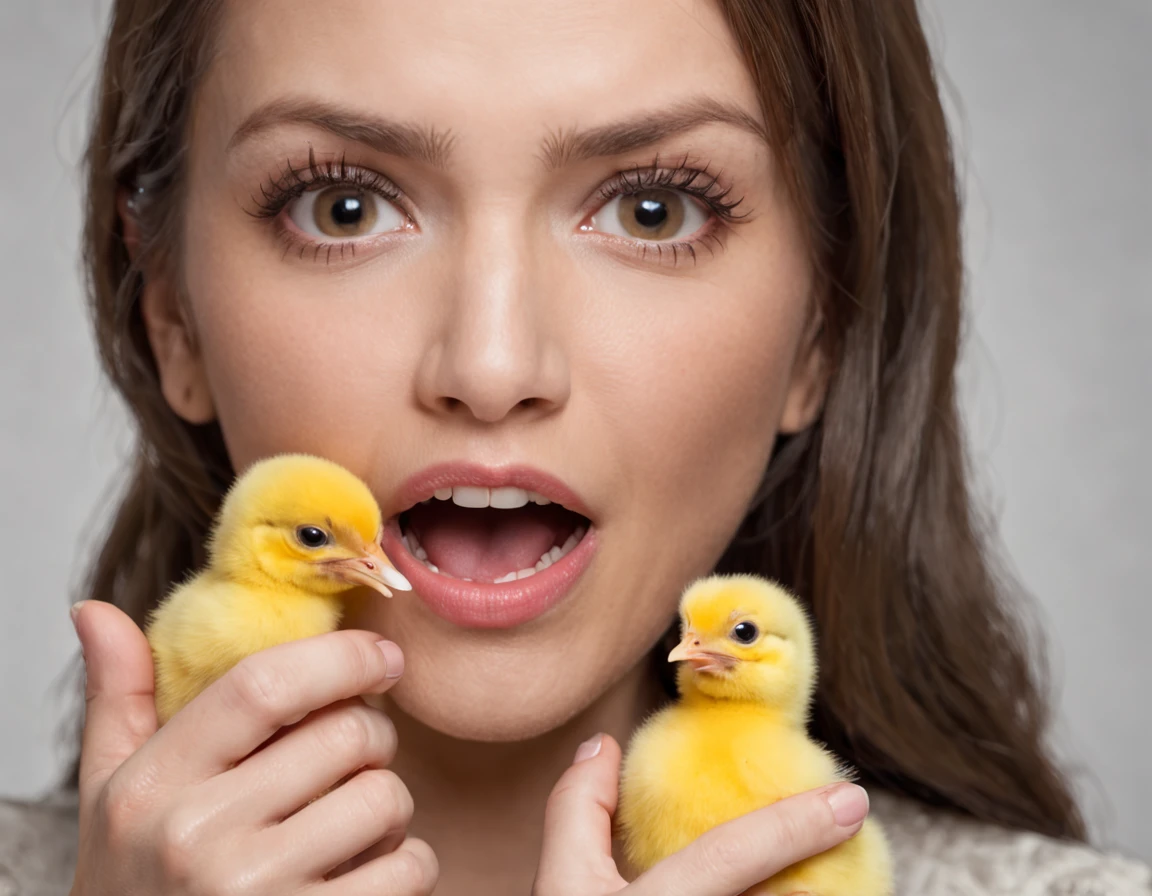 Create an image of a woman with a surprised and delighted expression. She is gently holding a small yellow chick in one of her hands, com a boca entreaberta e os olhos arregalados, displaying his surprise and admiration. His hands are lightly resting on his face, e seu olhar chocado reflete a maravilha do momento. The scene captures the mix of surprise and joy as she holds the yellow chick close to her face.