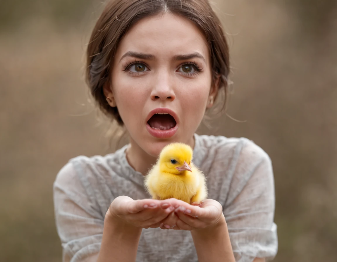 Woman with open mouth and hands on face, shocked expression on her face, olhos arregalados expressando surpresa. She's holding a yellow chick with one hand. Her expression is one of shock and surprise as she holds the chick. Ela parece estar maravilhada e encantada com a cena