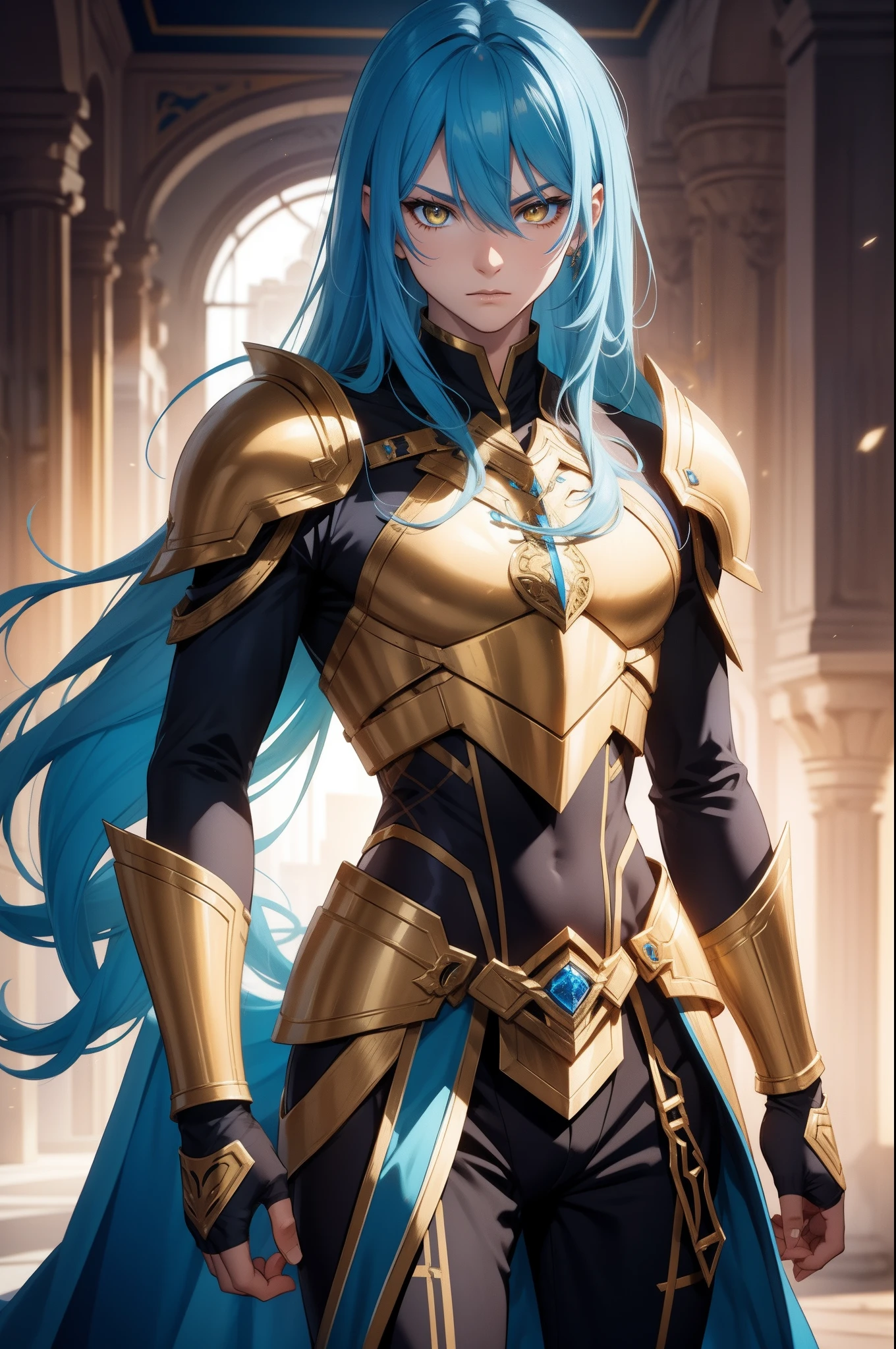 solo male, blue hair, yellow eyes, long hair, golden armor, slim, form fitting, fantasy