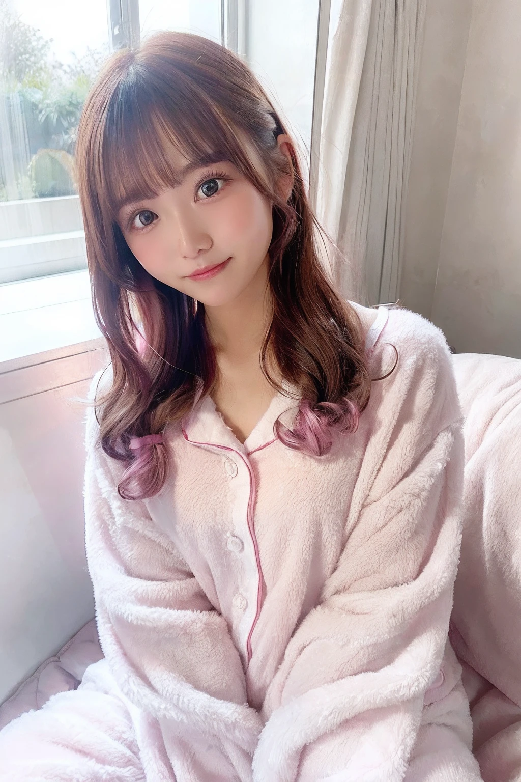 Cute girl in pink pajamas posing on sofa, sleepwear, wearing pajama, wearing white pajamas, Pink clothes, wearing a baggy pajamas, Smooth white fluffy clothes、Morning sun from the window、Good morning cute face with arms and legs、hmochako, blush stickers, Short hair, medium breasts, A smile、