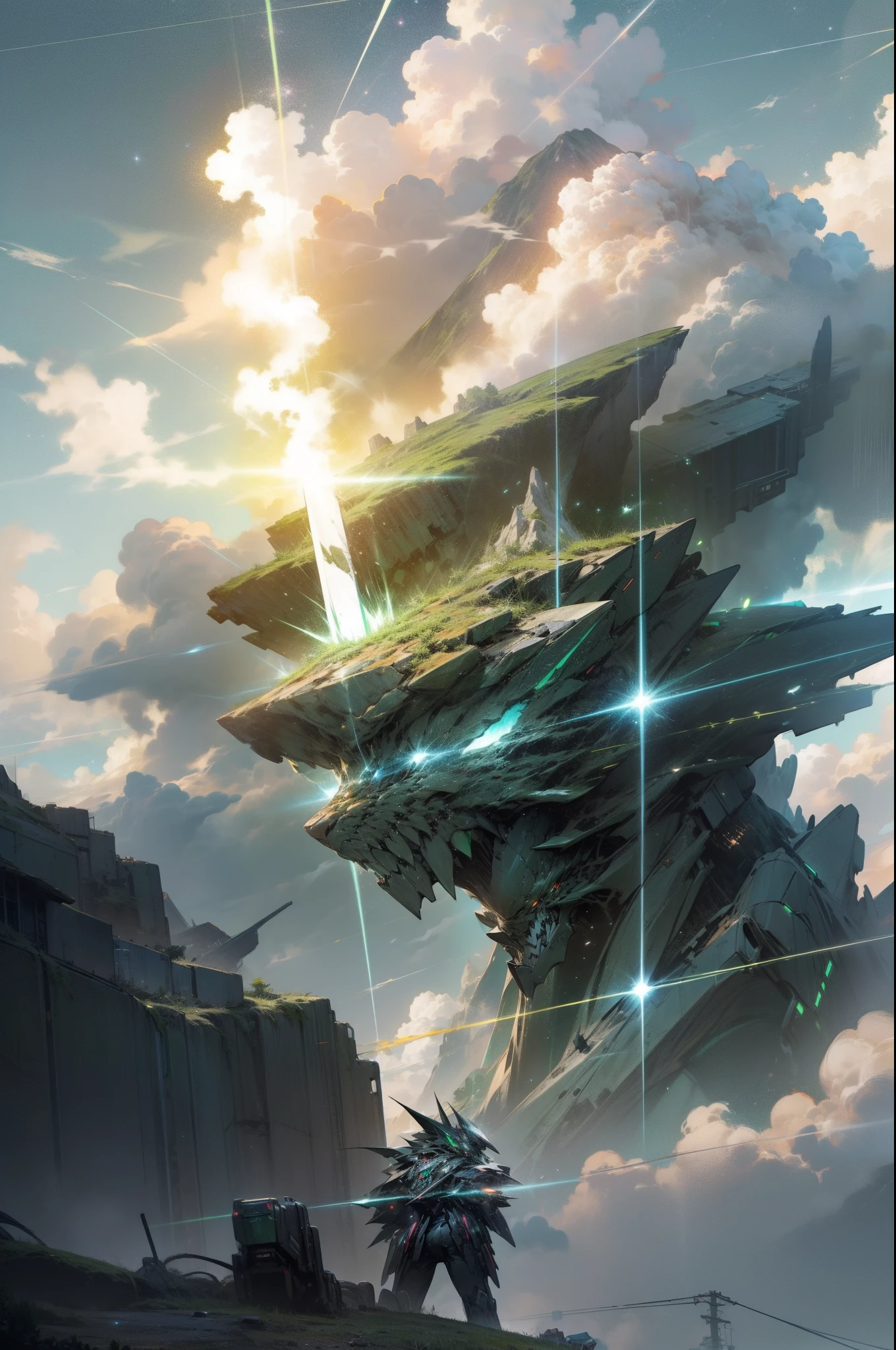 ((Best quality)), ((masterpiece)), 3D, 4K, A starry sky, a thunderous roar. A green beam of light shoots out from a cloud, heading towards a high mountain, cyberpunk