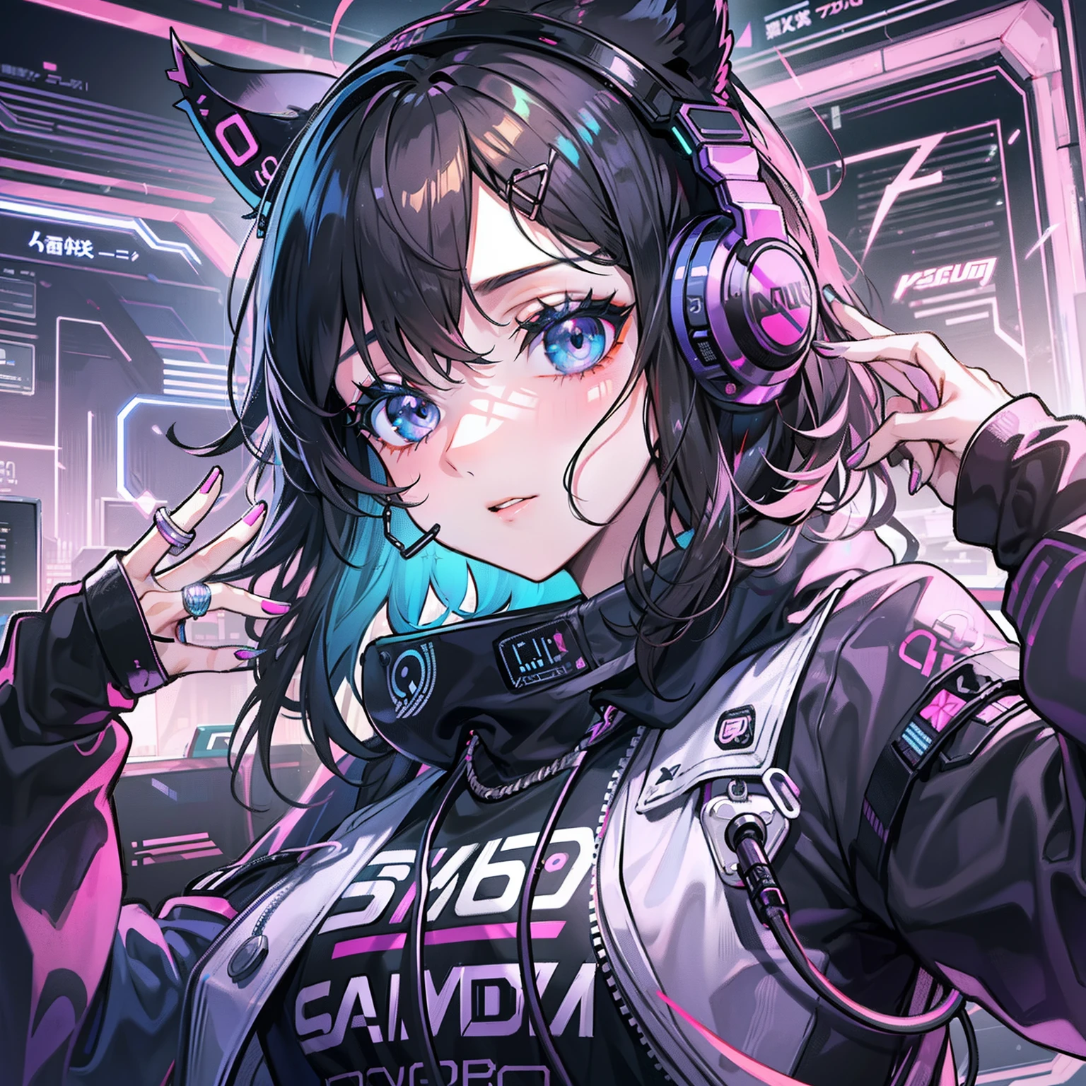 Mulher anime branca usando fones de ouvido pretos com asas de abelha com luzes led rgb, Medium-sized curly black wavy hair, sardas, covinhas, olhos pretos, Oversized black sweatshirt with cool design pattern, large eyelashes, DJ Gamer, estilo phonk com detalhes em neon em torno futurista, asas de abelha em cada lado do fone de ouvido, View from the camera upwards, foco no rosto, Fones de ouvido Bluetooth, headphones com asas, fundo cyberpunk universo futurista, large false eyelashes, fones de ouvidos na orelha, purple and lilac color palette, Fone de ouvido gamer com asas de abelha led, Estilo hiphop, eletro, rock metal estilo cromado