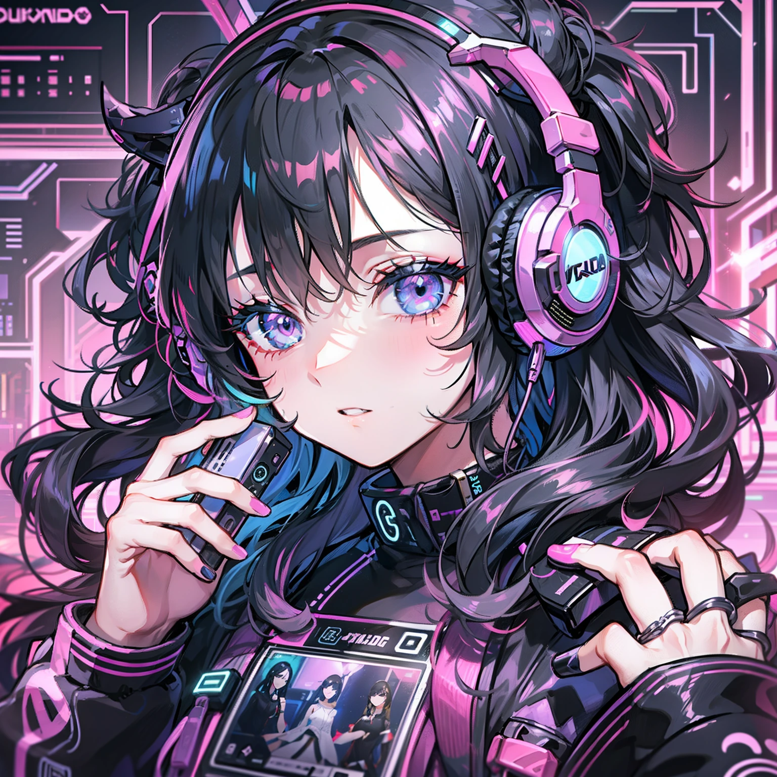 Mulher anime branca usando fones de ouvido pretos com asas de abelha com luzes led rgb, Medium-sized curly black wavy hair, sardas, covinhas, olhos pretos, Oversized black sweatshirt with cool design pattern, large eyelashes, DJ Gamer, estilo phonk com detalhes em neon em torno futurista, asas de abelha em cada lado do fone de ouvido, View from the camera upwards, foco no rosto, Fones de ouvido Bluetooth, headphones com asas, fundo cyberpunk universo futurista, large false eyelashes, fones de ouvidos na orelha, purple and lilac color palette, Fone de ouvido gamer com asas de abelha led, Estilo hiphop, eletro, rock metal estilo cromado
