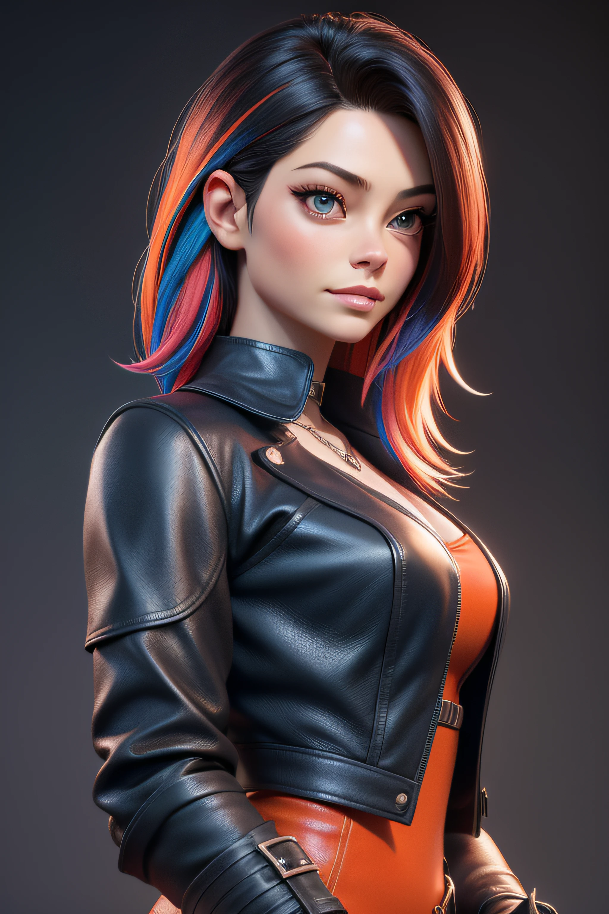 complete view Masterpiece, beste-Qualit, Travail de rendu 3d, Style 3dMM, 3d, kristin kreuk, seulement, cheveux multicolores, cheveux bruns, cheveux orange, collier, Rousseur, Joaillerie, cheveux bicolores, looking to the side, Realstic, Haut du corps, Simple and clear background, frange, looking away, cheveux queue de cheval, separate lips, yeux verts, gothique, Collier, maquillage, colorful leather outfit,