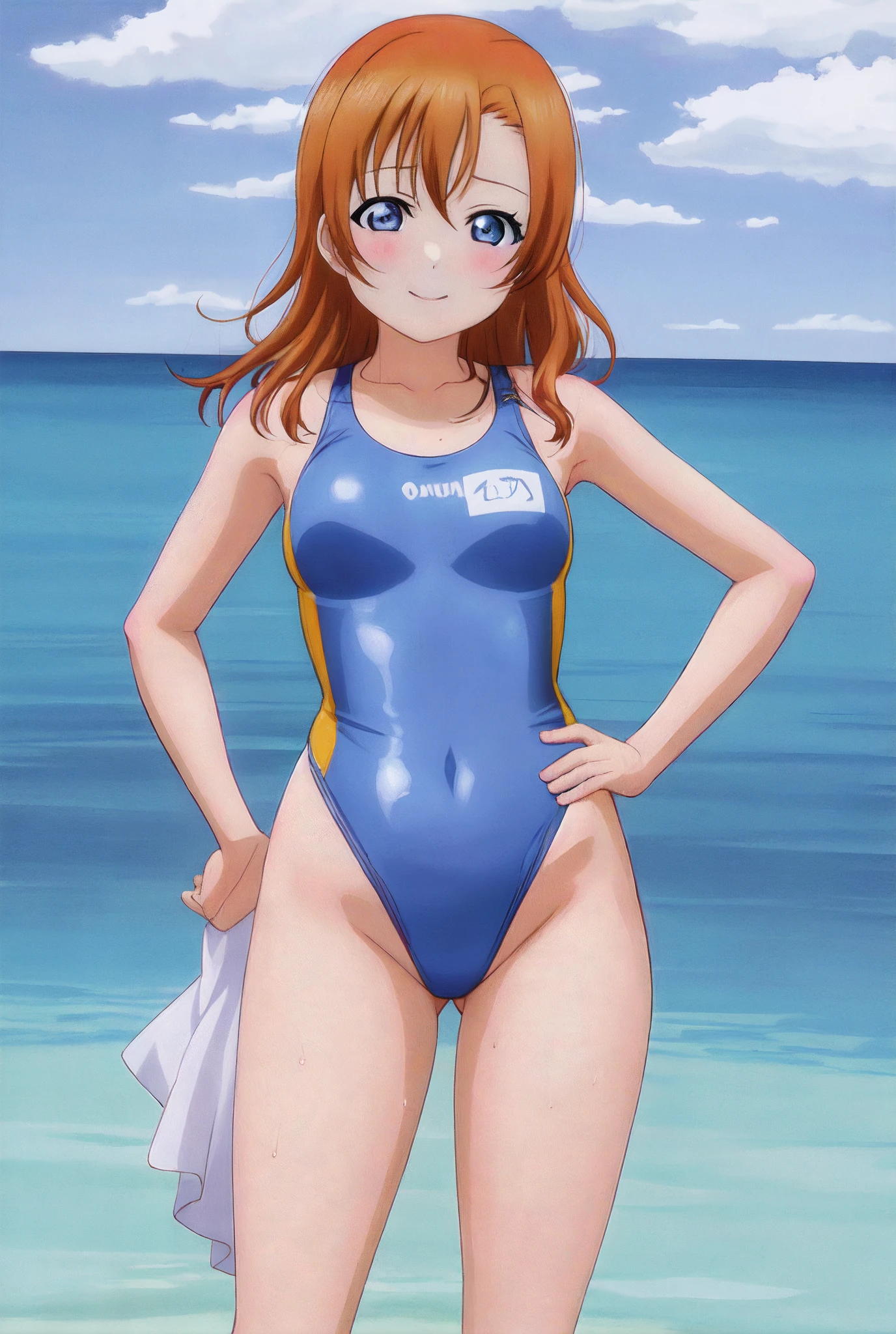 cowboy shot, kousaka honoka, blue eyes, (orange hair:0.7), one-piece swimsuit, curvy body, hands on hips,wet body