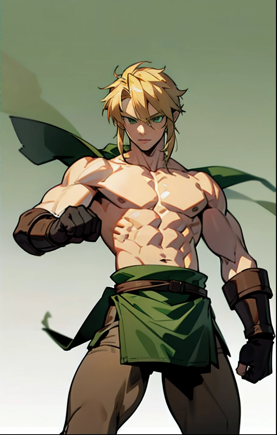 blond, tall, green-eyed guy, viking style, russian hero style, strong,  anime style, anime  , link, gloves, standing, muscular, topless , (muscular:0.4)(from above:0.4), plain background,sport, (plain simple background:1.3),fists