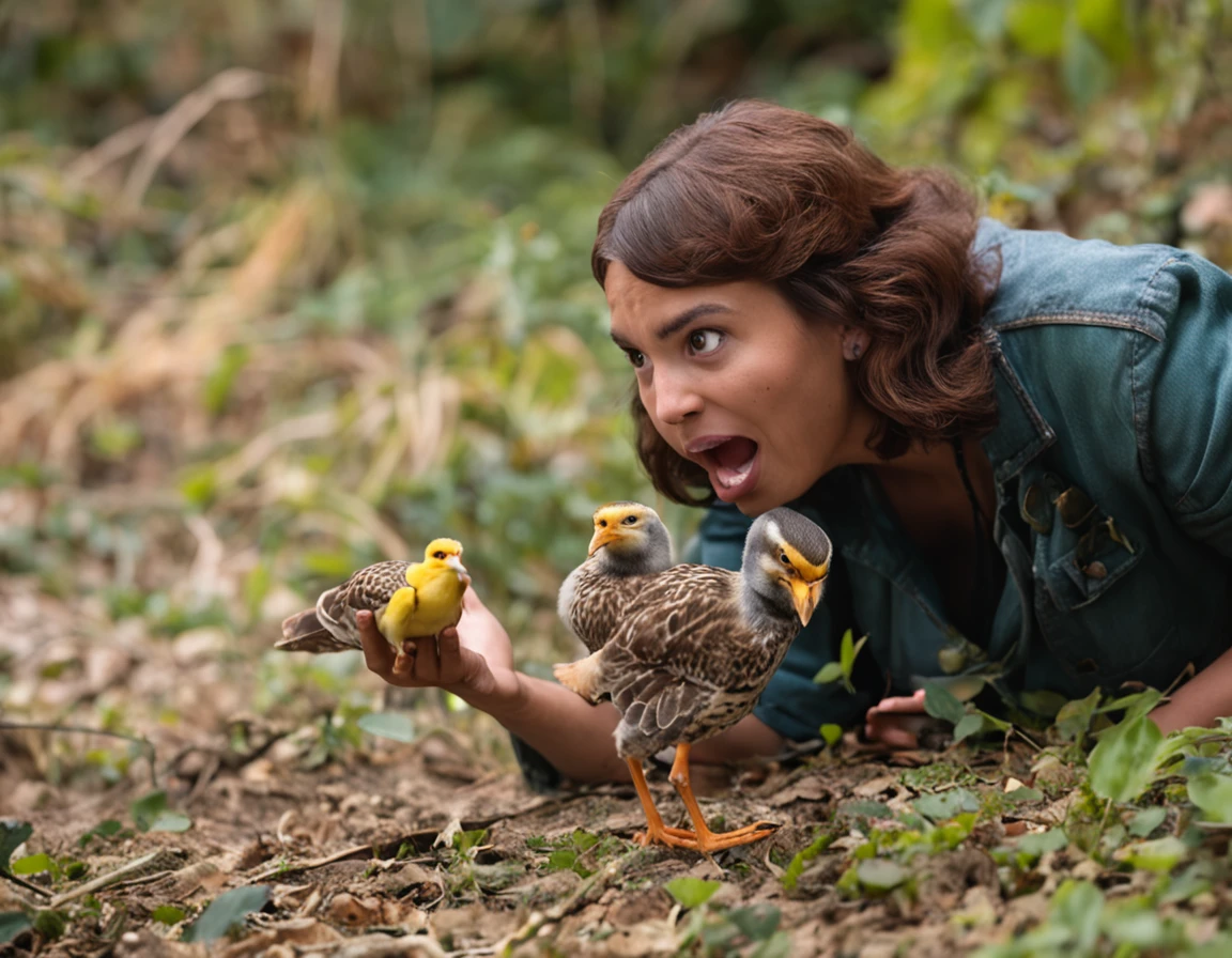 Woman with open mouth and hands on face, shocked expression on her face, olhos arregalados expressando surpresa. She's holding a yellow chick with one hand. Her expression is one of shock and surprise as she holds the chick. Ela parece estar maravilhada e encantada com a cena