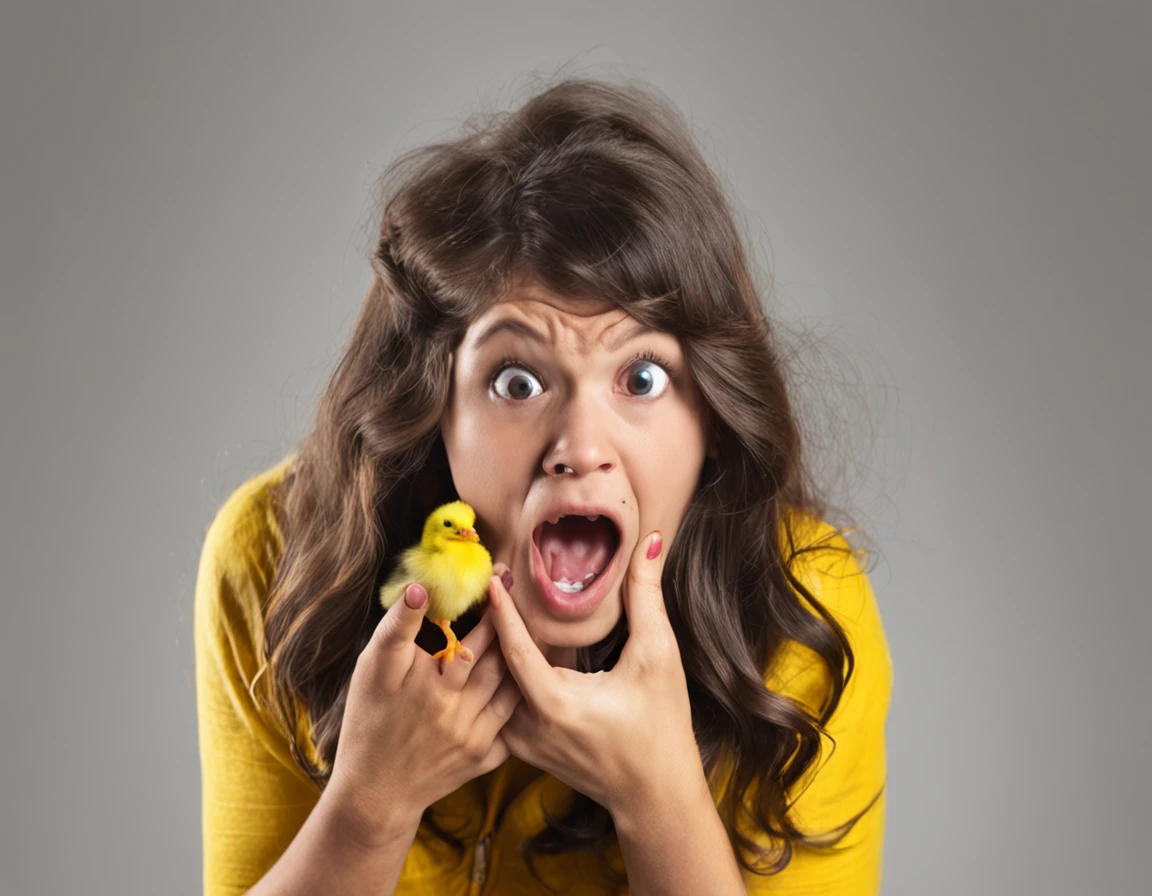 Woman with open mouth and hands on face, shocked expression on her face, olhos arregalados expressando surpresa. She's holding a yellow chick with one hand. Her expression is one of shock and surprise as she holds the chick. Ela parece estar maravilhada e encantada com a cena