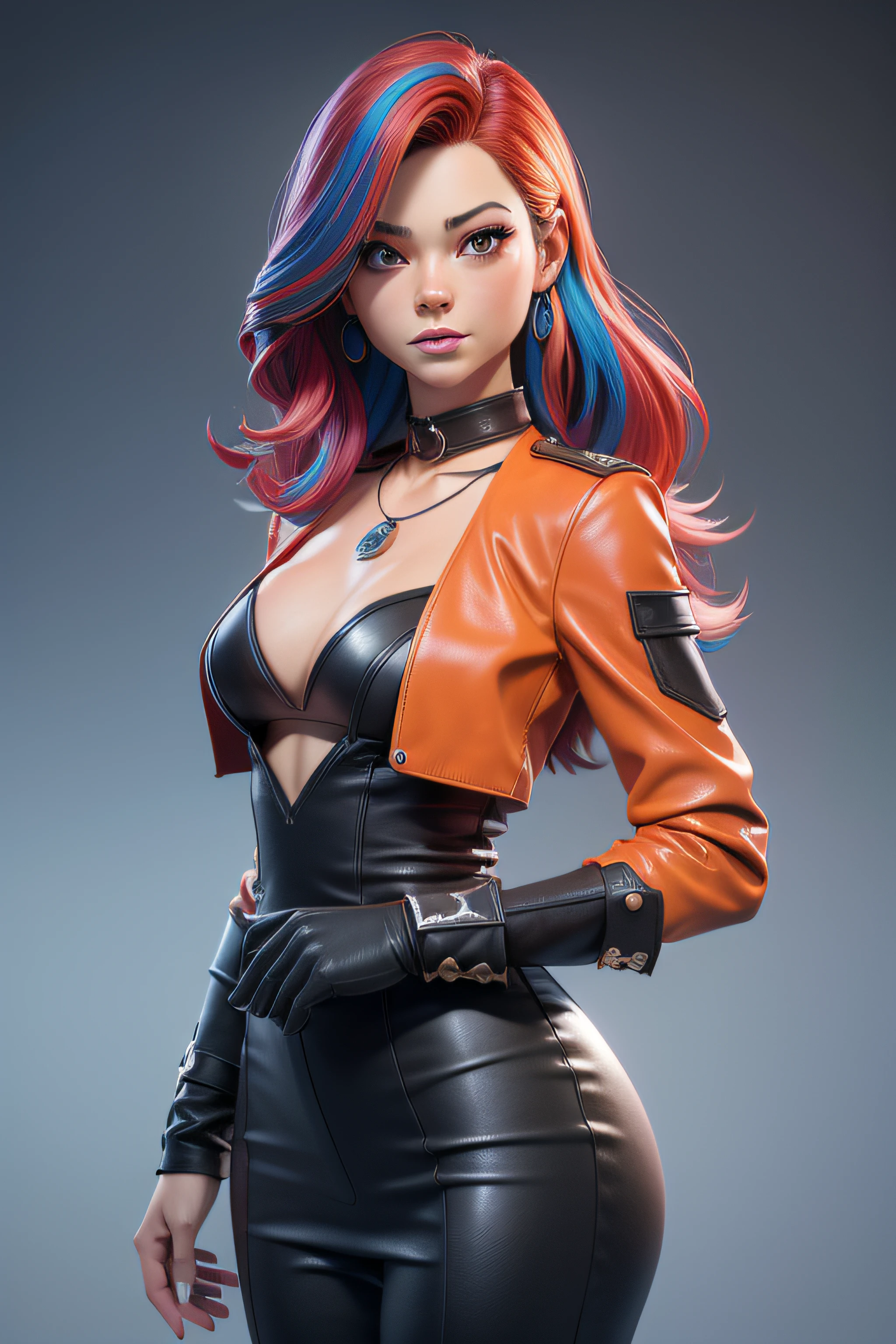 complete view Masterpiece, beste-Qualit, Travail de rendu 3d, Style 3dMM, 3d, kristin kreuk, seulement, cheveux multicolores, cheveux bruns, cheveux orange, collier, Rousseur, Joaillerie, cheveux bicolores, looking to the side, Realstic, Haut du corps, Simple and clear background, frange, looking away, cheveux queue de cheval, separate lips, yeux verts, gothique, Collier, maquillage, colorful leather outfit,