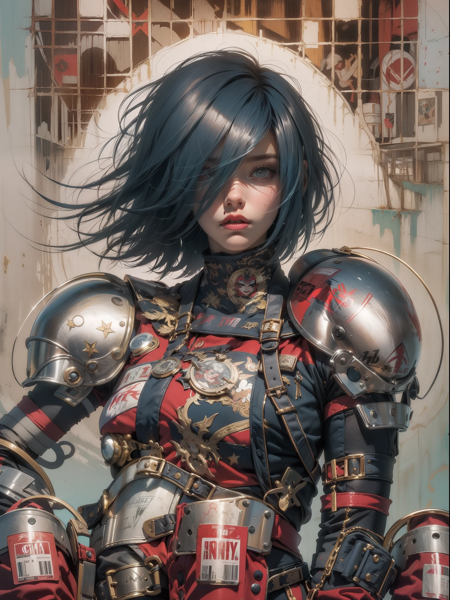 (((mulher))), (((melhor qualidade))), (((obra prima))), (((adulto))), (((1girl))), ((( corte de cabelo bob ))), Uma gladiadora cyberpunk mulher de 25 anos com corpo perfeito, shoulder pads with metal spines, Gladiadores do Brooklyn, (( corte de cabelo bob )), tiny leather panties, camiseta de time de rugby rasgada, quase nua no estilo selvagem urbano de Simon Bisley para a capa da revista Heavy Metal, Cabelo loiro curto, Minimum clothing, Metal protection on the left arm with intricate graphics, Dark red with white stars and white and navy blue checkerboard pattern, armadura, cheio de pontas e rebites, (((do joelho pra cima))), cabelos loiro branco curto, no fundo uma parede pintada por Shepard Fairey com um design intrincado