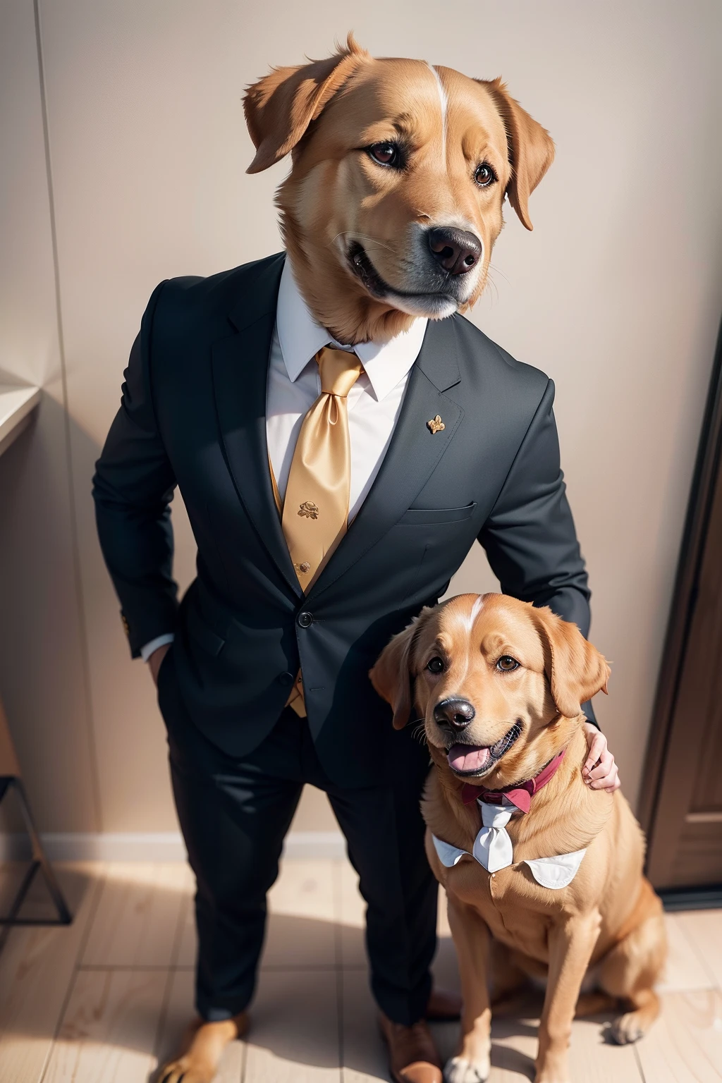 Standing dog wearing suit and tie, vestido para negocio rigoroso, vestido bem, anthropomorficfic, standing with full body, Golden Retriver Breed, anthropomorphic with two legs and paws as human