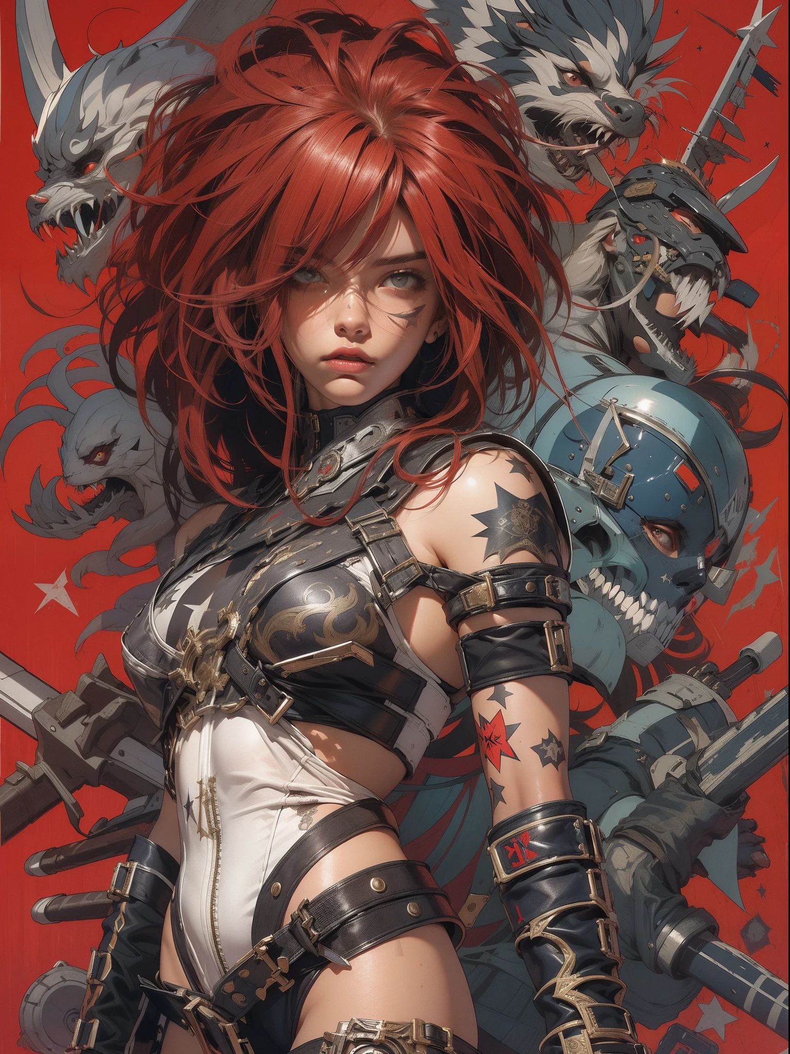 (((mulher))), (((melhor qualidade))), (((obra prima))), (((adulto))), (((1girl))), ((( corte de cabelo bob ))), Uma gladiadora cyberpunk mulher de 25 anos com corpo perfeito, shoulder pads with metal spines, Gladiadores do Brooklyn, (( corte de cabelo bob )), tiny leather panties, camiseta de time de rugby rasgada, quase nua no estilo selvagem urbano de Simon Bisley para a capa da revista Heavy Metal, Cabelo loiro curto, Minimum clothing, Metal protection on the left arm with intricate graphics, Dark red with white stars and white and navy blue checkerboard pattern, armadura, cheio de pontas e rebites, (((do joelho pra cima))), cabelos loiro branco curto, no fundo uma parede pintada por Shepard Fairey com um design intrincado
