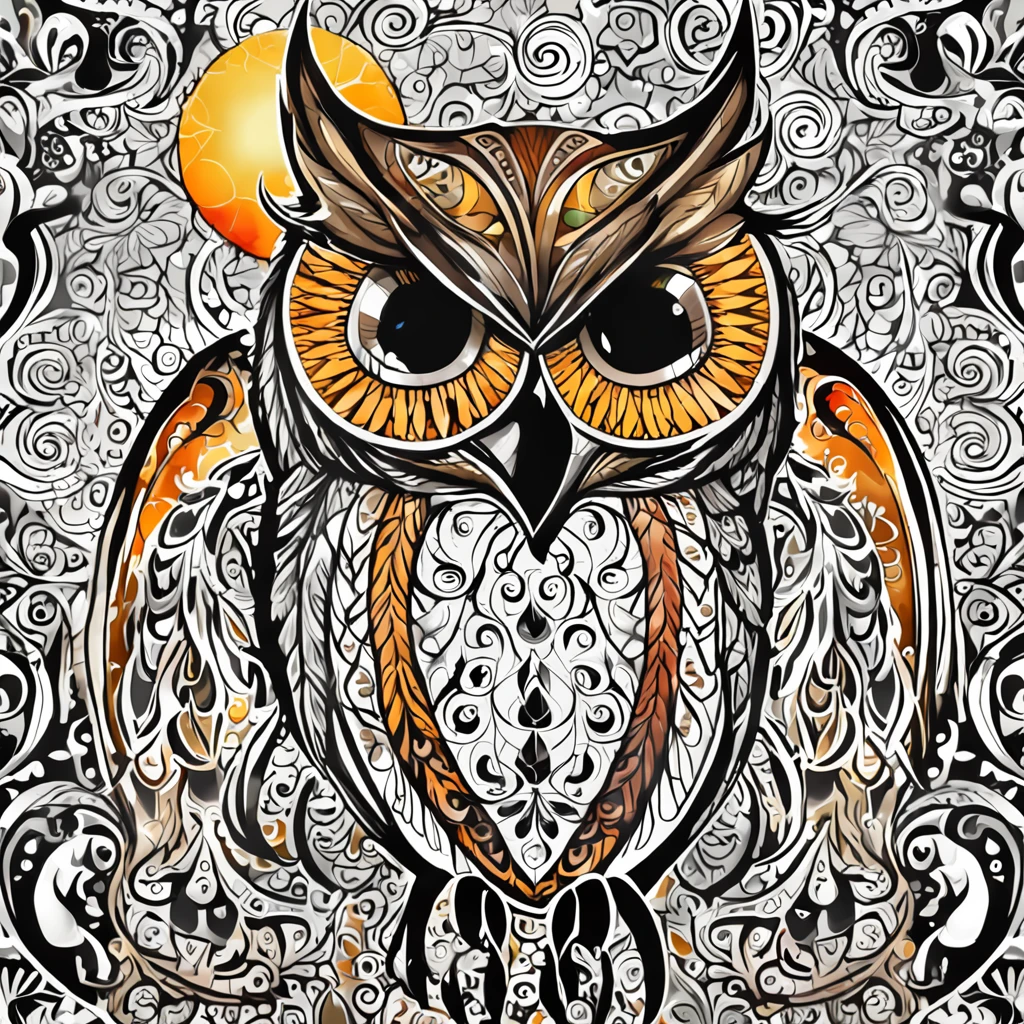design de camisetas, tatuagem, fundo preto, centrado na arte, 2D, vetor, respingos de cores vivas, detalhes intrincados, Character Māori owl in black oil decal with wet glitter look, noite de lua cheia, Meia-noite, graveyard, graves, Dry trees, luz de aro, Vinheta de borda, Greg Rutkowsk