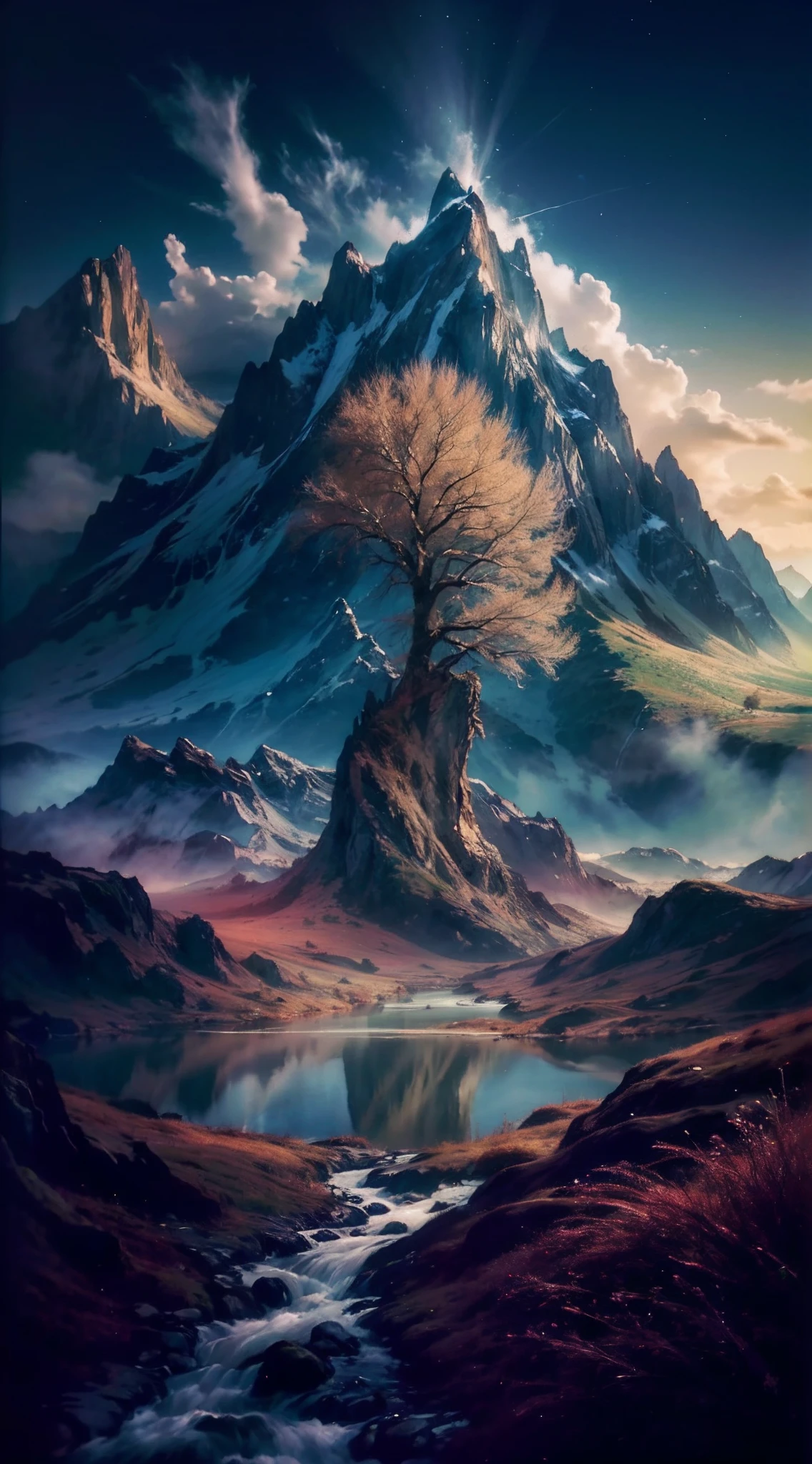 lanscape, 8k potrait of beautiful landscape rule of third photography, intricate, elegant, realistic depth of field photography, perfect natural lighting (masterpiece, sidelighting, finely detailed beautiful lanscape), realistic leav, realistic cloud, realistic mountain, realistic sky, beautiful sky, ray of light, rule of third photography, point of interest photography, perfect lanscape color tone, realistic river, realistic flower, realistic grass, realistic climb, realistic tree, best lanscape color tone, realistic land, realistic fog, add grain, the tree is a point of interest