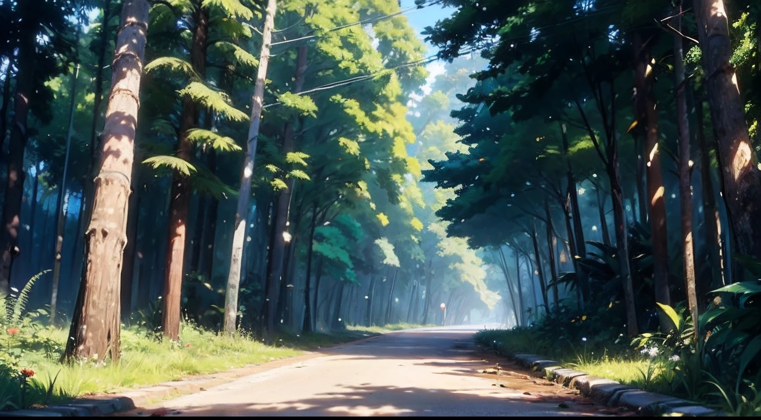 (Estilo Makoto Shinkai) gentil, arte de fundo do anime, linhas limpas, detalhes intrincados, sereno, vazio, alta qualidade, Ray Tracing video games, Overgrown, campos gramados, Plantas neutras, pine trees, vibrante, The tree々is densely packed, leaves on the ground, Bonito, papel de parede de paisagem, Natureza intocada, Verde denso,