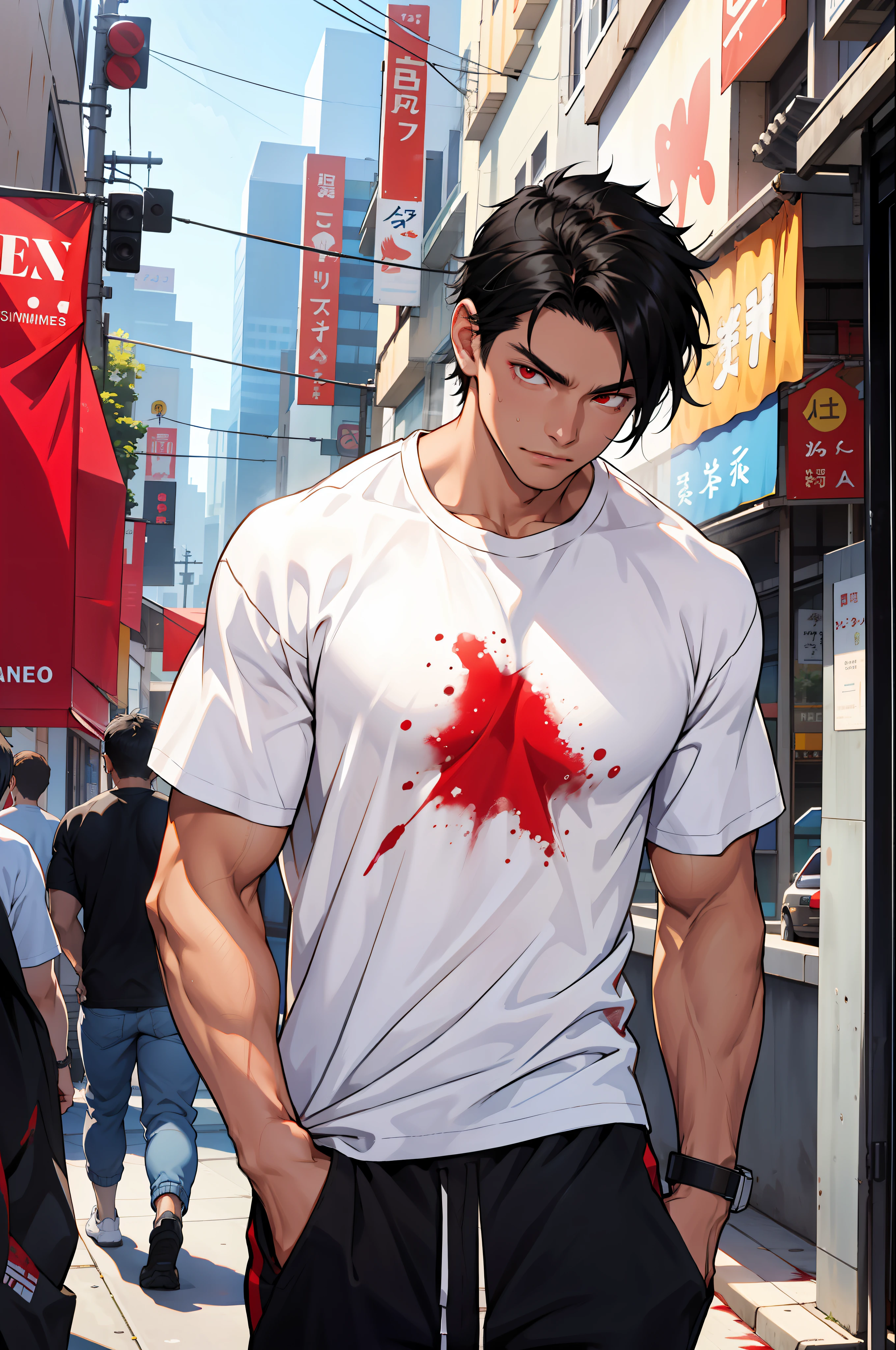 masterpiece, city, 1boy, black hair, red eyes, white t-shirt, blood on t-shirt, sweatpants