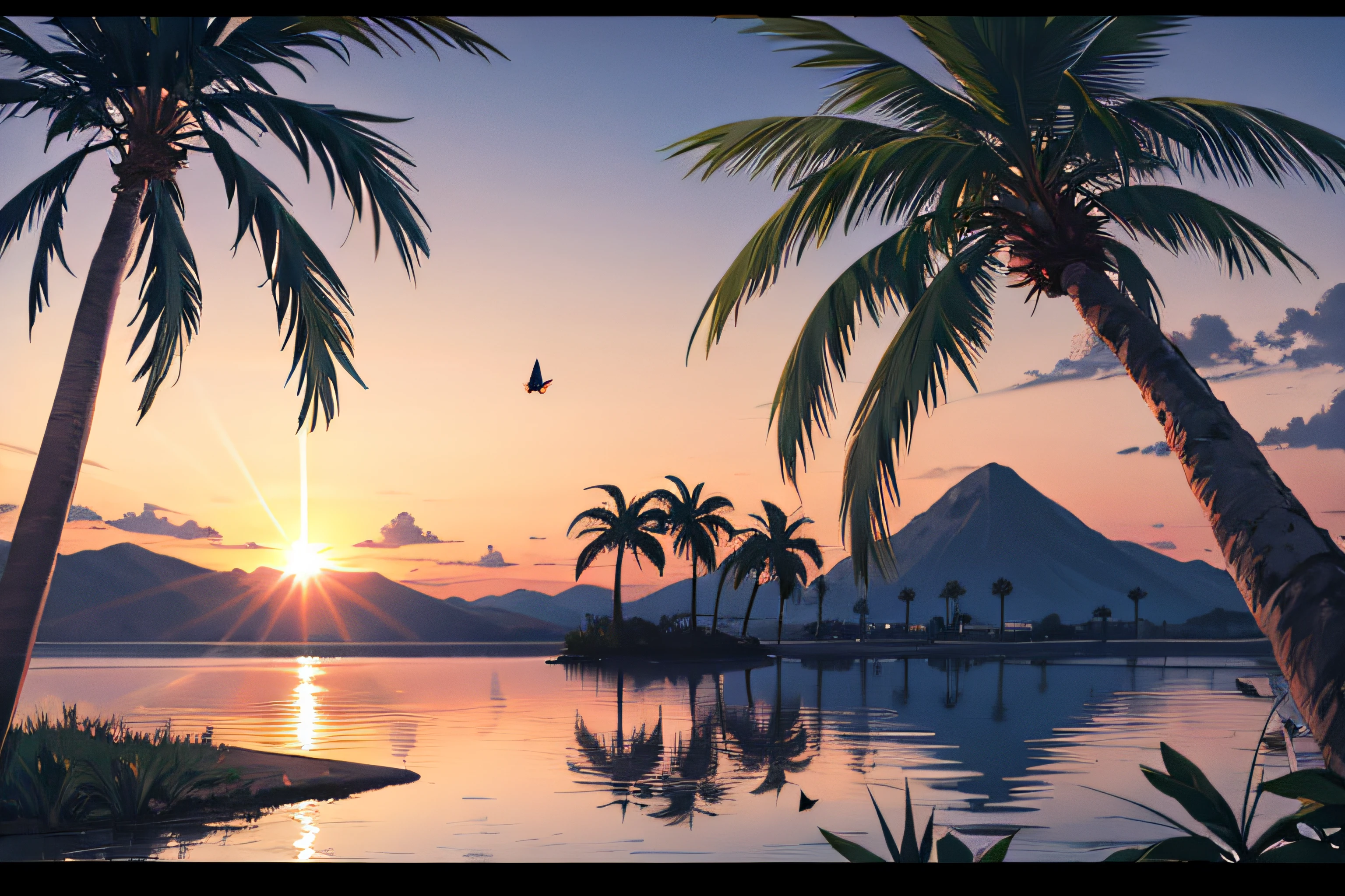 nature, outdoors, no humans, lake, palm tree, cloud, bug, butterfly, evening, water, sun, sky, tropical, sunset, tree, scenery,