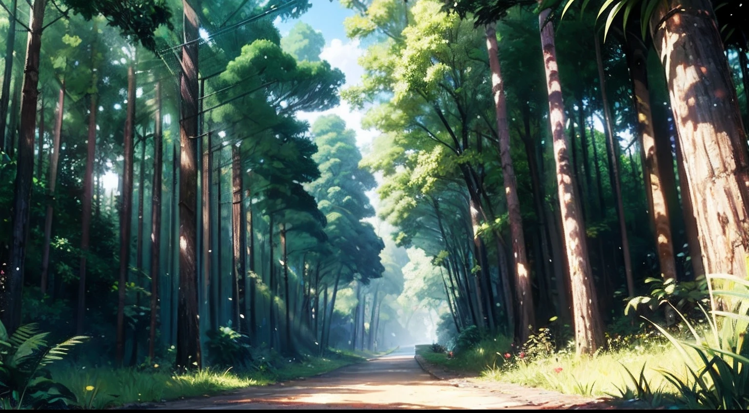 gentil, arte de fundo do anime, linhas limpas, detalhes intrincados, sereno, vazio, alta qualidade, Ray Tracing video games, Overgrown, campos gramados, Plantas neutras, pine trees, vibrante, The tree々is densely packed, leaves on the ground, Bonito, papel de parede de paisagem, Natureza intocada, Verde denso,