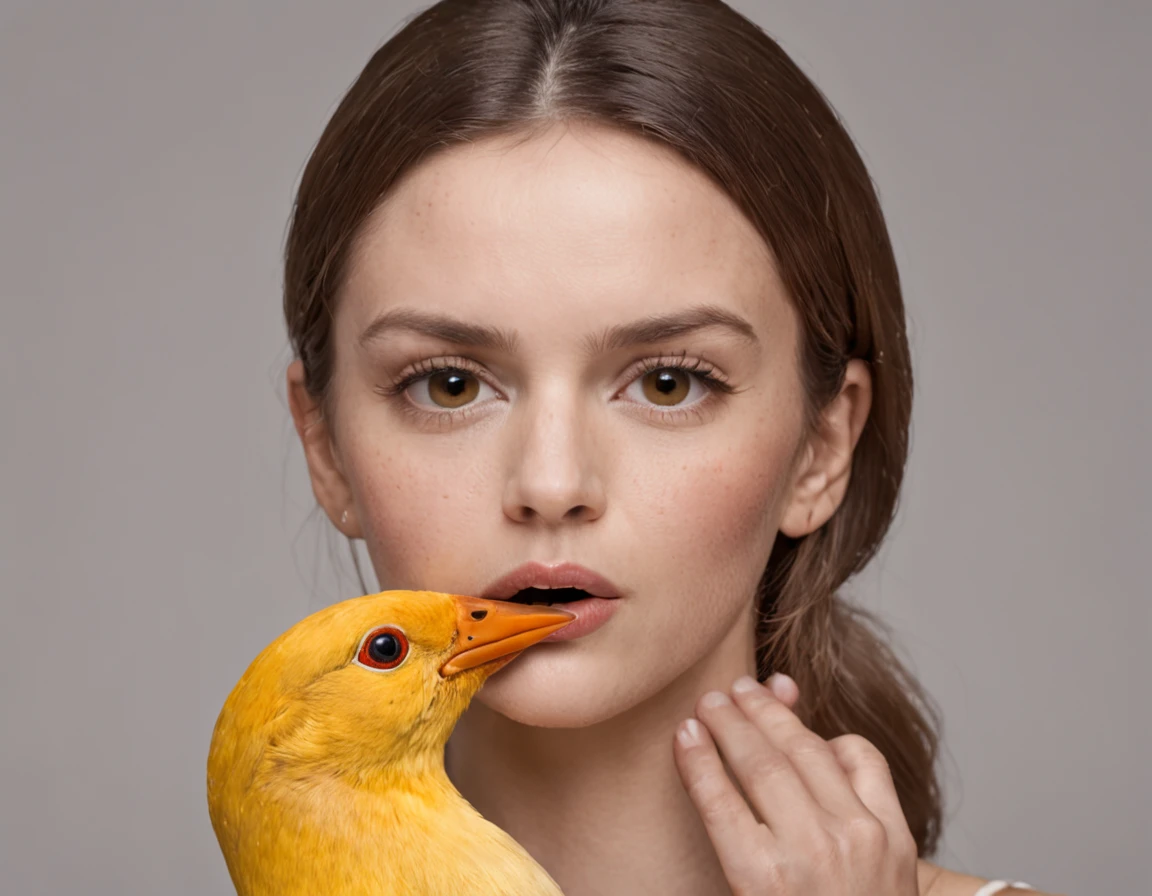 Araffe's wife holding a yellow bird in front of her face, quack medicine, com pintinhos, cara de pato, segurando um pato branco, retrato conceito do pato da fantasia, sardas em pintinhos, mulher bonito, surprised expression, bochechas coradas, arrogant expression, parecendo surpreso, olhar chocado, Shutterstock, photoshoot para marca de cuidados com a pele, muito surpreso, jovem e bonito