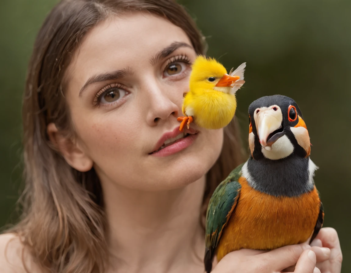 Araffe's wife holding a yellow bird in front of her face, quack medicine, com pintinhos, cara de pato, segurando um pato branco, retrato conceito do pato da fantasia, sardas em pintinhos, mulher bonito, surprised expression, bochechas coradas, arrogant expression, parecendo surpreso, olhar chocado, Shutterstock, photoshoot para marca de cuidados com a pele, muito surpreso, jovem e bonito