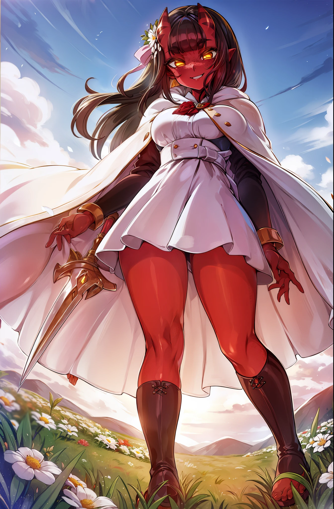 a beautiful and detailed image of meru , merunyaa,(red skin:1.3), horns,clothed,(freckles), flowing white dress,backlighting, field of flowers, holding flower, flower hair accessory, yellow eyes,smile, clouds,in front, alone, pants, medium breast,, knife holding, cloak, cape, walking, pants, solo, flip flops boots, full body, big breast