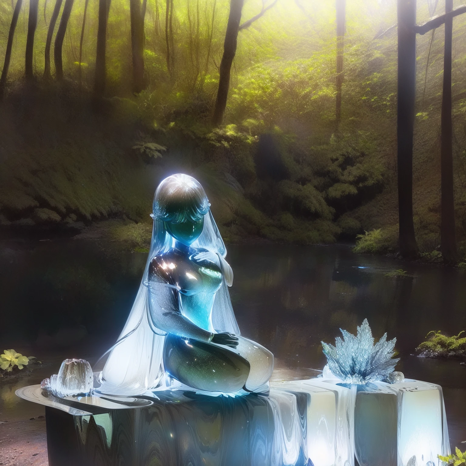 In the daytime forest、Obsidian spirit with jet-black body、Happy smile、Obsidian
