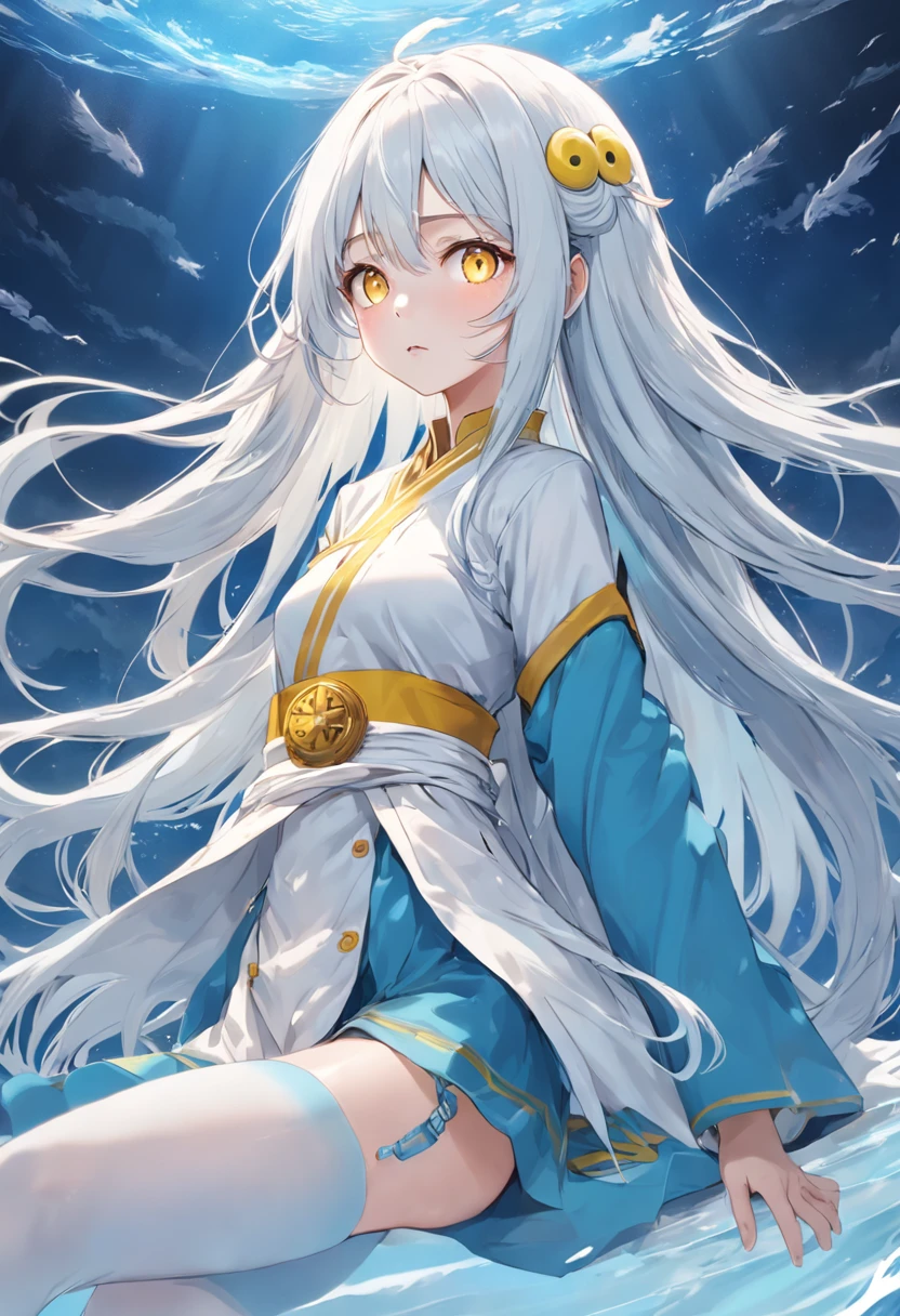 Yellow pupil,Lazy expression,Long white hair and white stockings,Cyan and blue clothes,Shoulders bare, China-style,Sea of clouds