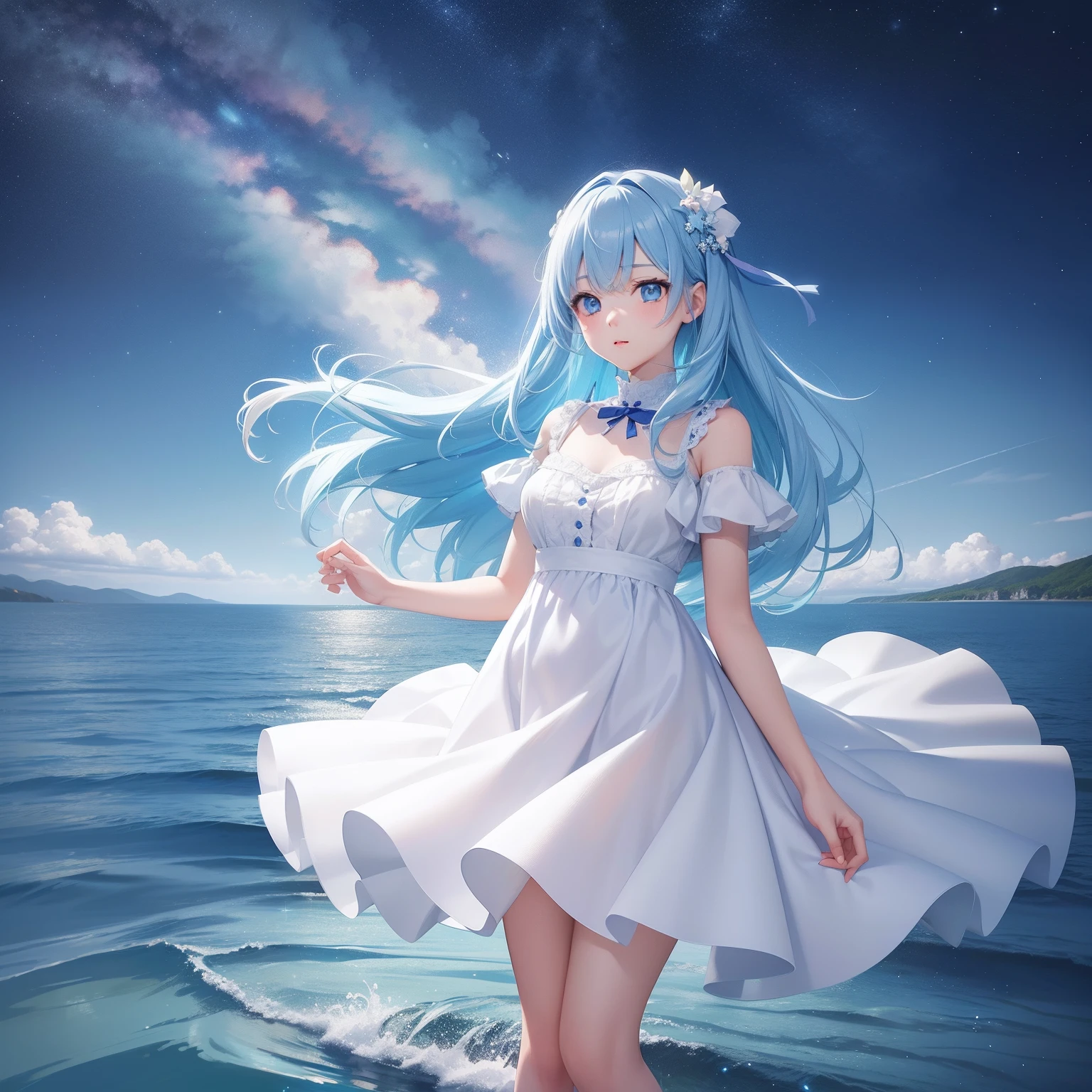 Pretty girl、4K、 masutepiece , sky blue hair , White Dress, Light blue eyes , Smile Night Time , Starry sky, Lake water, Full body portrait , Face Highlights, Auto Adjust, Optimize image quality