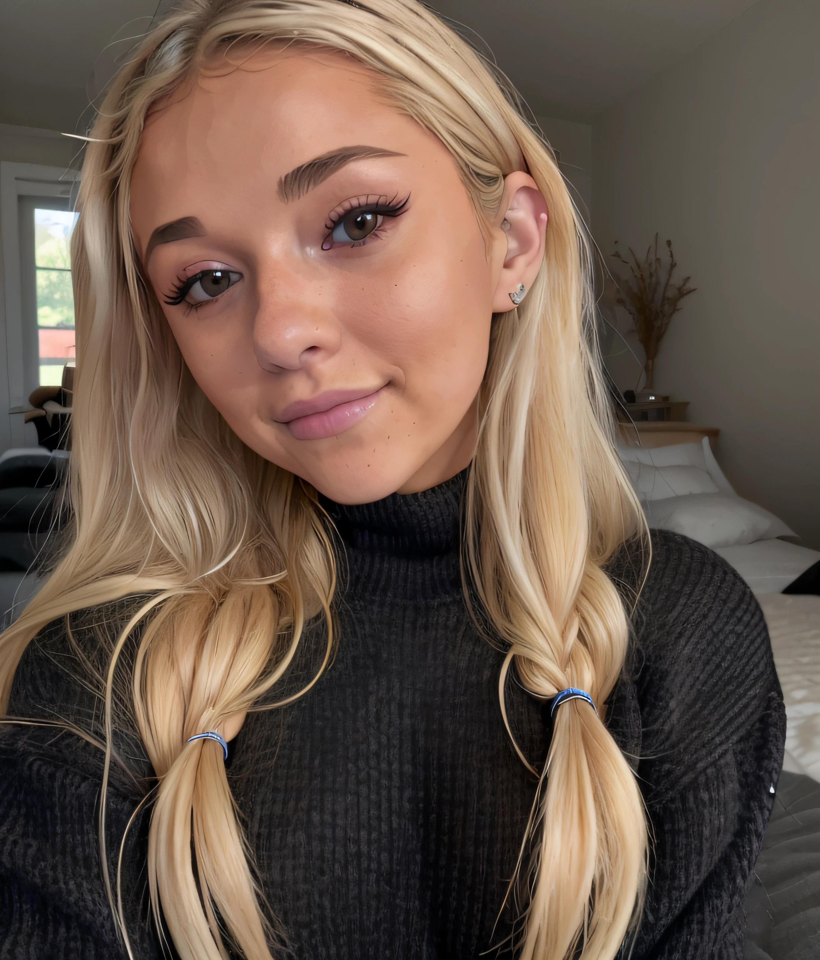 photo of Breckie Hill, best quality, she is wearing a black sweater, soft lighting, gorgeous, blonde woman