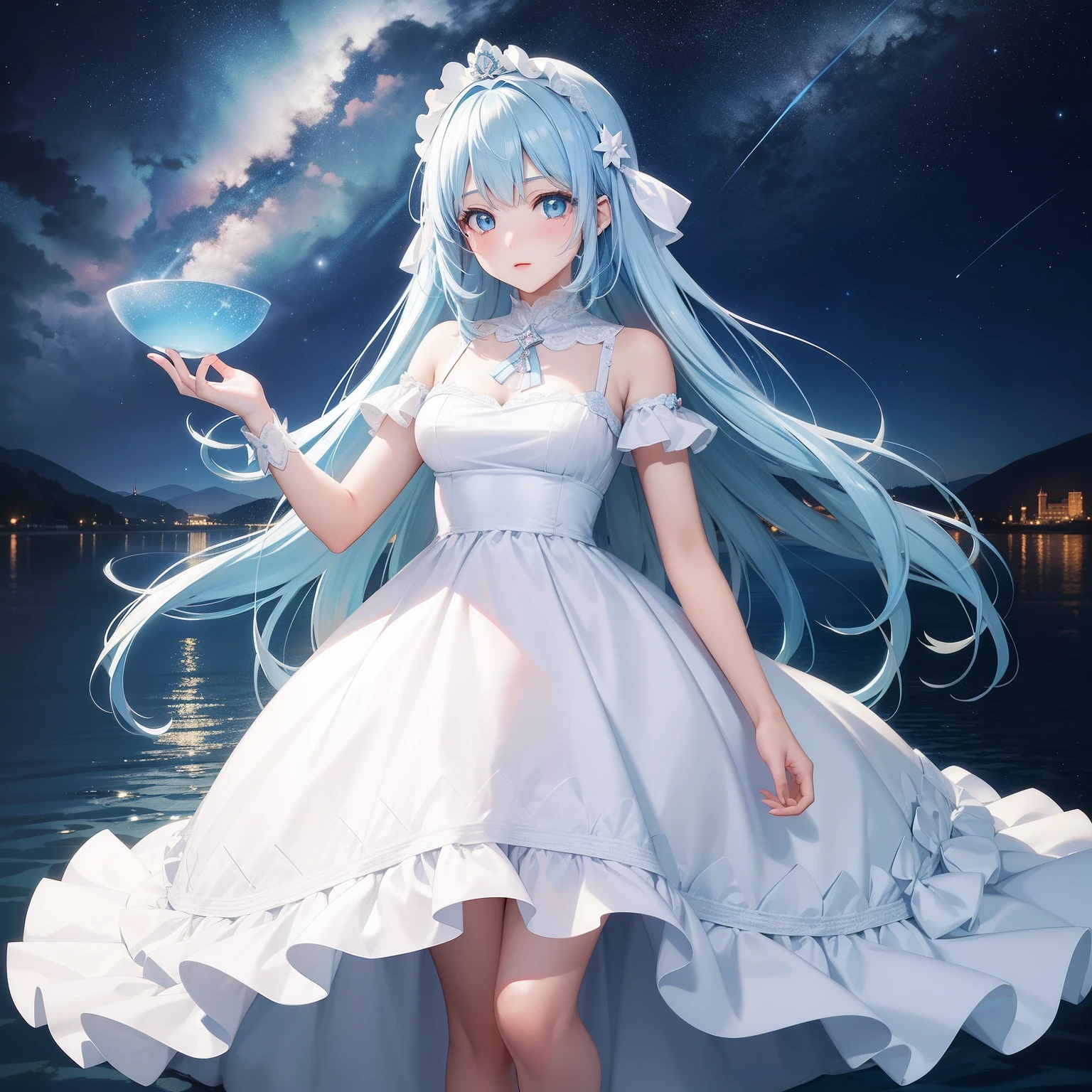 art by Cornflower, dreamy (a girl who was petite and had beautiful detailed eyes. The depth of field in the photo was perfect, and the lens flare added a nice touch, {{side breast:2}}, wet transparent dress