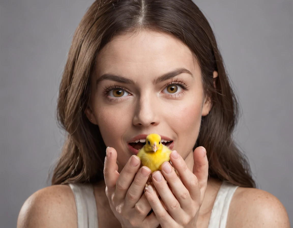 Create an image of a woman with a surprised and delighted expression. She is gently holding a small yellow chick in one of her hands, com a boca entreaberta e os olhos arregalados, displaying his surprise and admiration. His hands are lightly resting on his face, e seu olhar chocado reflete a maravilha do momento. The scene captures the mix of surprise and joy as she holds the yellow chick close to her face.