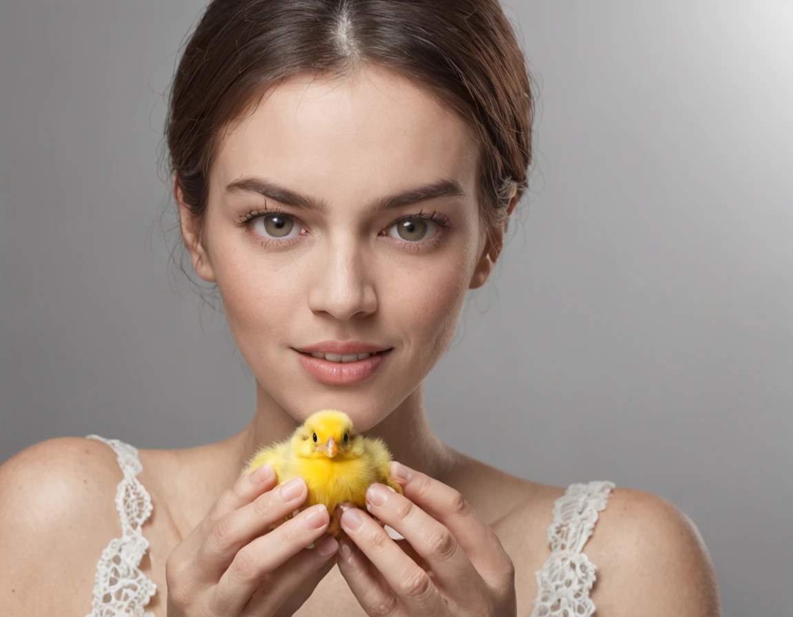 Create an image of a woman with a surprised and delighted expression. She is gently holding a small yellow chick in one of her hands, com a boca entreaberta e os olhos arregalados, displaying his surprise and admiration. His hands are lightly resting on his face, e seu olhar chocado reflete a maravilha do momento. The scene captures the mix of surprise and joy as she holds the yellow chick close to her face.