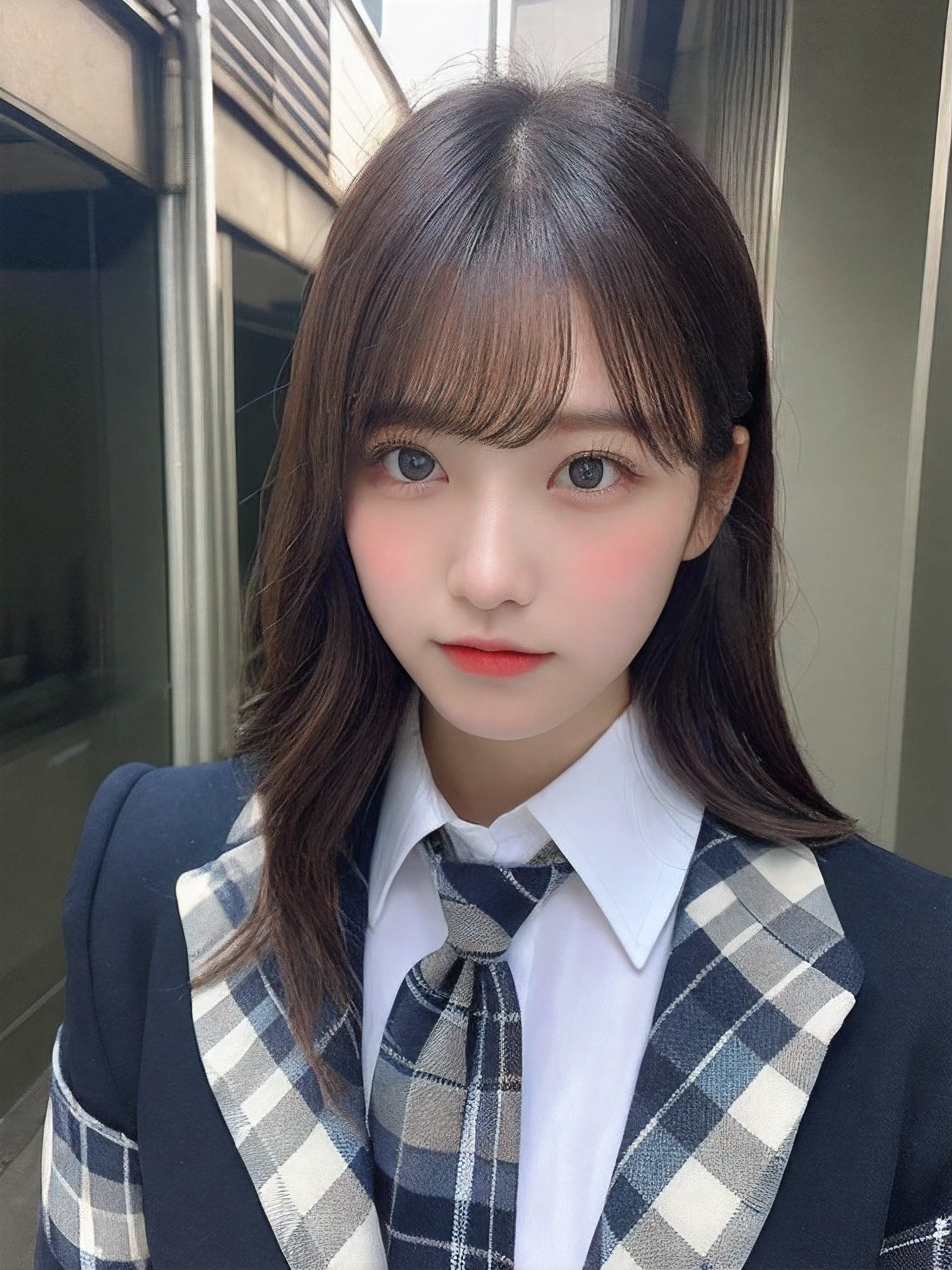 ((top-quality、8K、masterpiece:1.3))、foco nítido:1.2、Beautiful schoolgirl in perfect style:1.4、A slender、((A dark-haired、tits out:1.2))、gravure model、(natural soft light、white backgrounid、Harajuku:1.1)、Highly detailed facial and skin texture、A detailed eye、二重まぶた、full of sweat、A sexy、((Uniform 1.5))、JK Suit Plaid Skirt Pleated Skirt Shirt Bow Tie、Posed as a piece