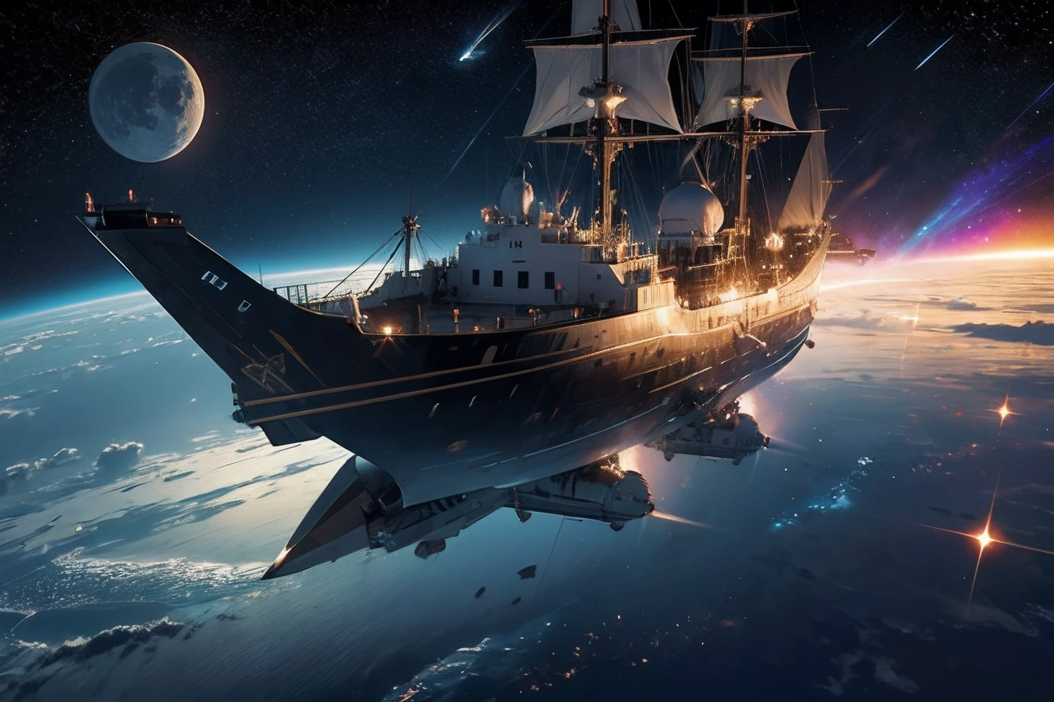 cosmic space, Galleon flying in outer space, ship in space, deep space, interstellar space