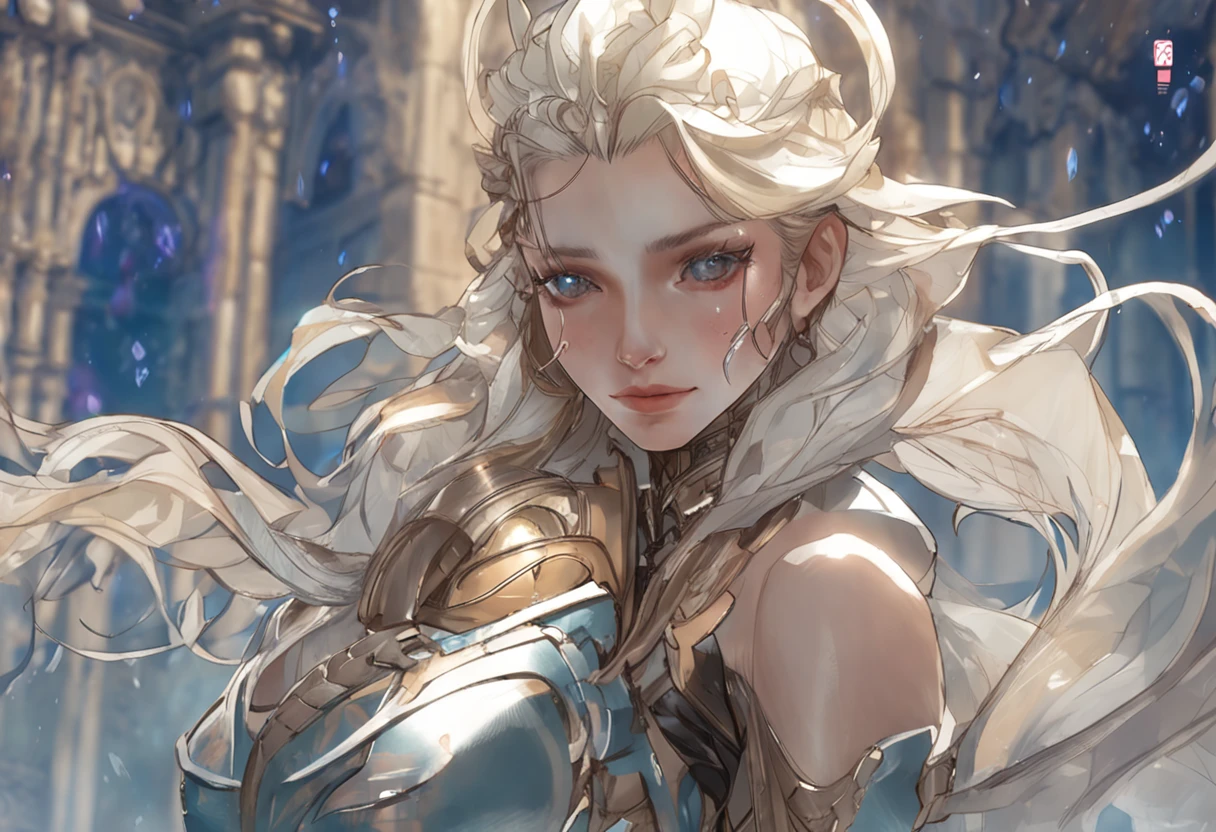 Closeup of a blonde woman of medium wavy hair, guerreira, segurando uma espada fina com o nome "Eldora" talhado no metal, com armadura pesada branco-azul cobrindo todo o corpo, cristais azuis cravejados na armadura, armadura com alto detalhamento, armadura e cristais complexos, Artgerm em ArtStation Pixiv, por Yang J, Beautiful Water Wizard, Modelo IG | Artgerm, Black - Water Wizard, Artgerm. anime illustration, Guweiz em Pixiv ArtStation arte de fantasia detalhada, arte de personagem impressionante, Exquisite Epic Character Art, Armadura Complexa Bonita, maquinaria, Arte de Arte Extremamente Detalhada, arte de anime digital detalhada, Artgerm on Art Station Pixiv, garota de armadura, Cocares e Joias Complicadas Pesadas e Requintadas, Nobre Senso de Alta Tecnologia, True God Sense of Déjà Vu. magic water in the background, pontas dos dedos detalhadas, water mage. Detalhes de penas brancas na armadura. Apply vivid filter highlighting background. Dark background with floating magic water, 4k, detalhes altamente renderizados, Crisp face, genshin impact, luz cinematografica.